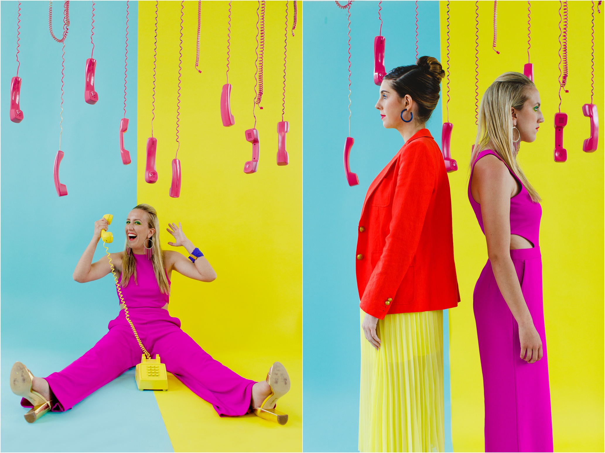 pop art, vibrant editorial style, telephones, bright colors, fashion photography