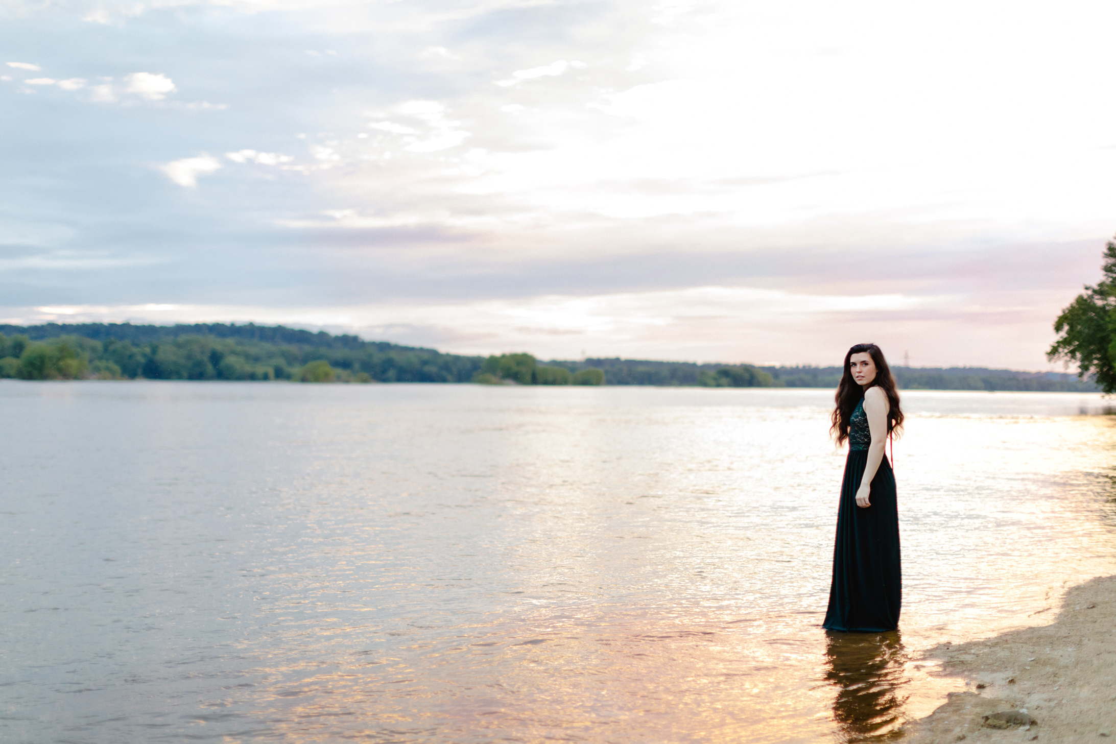 Sunset, Susquehanna River, Senior Portraits, long dress in water