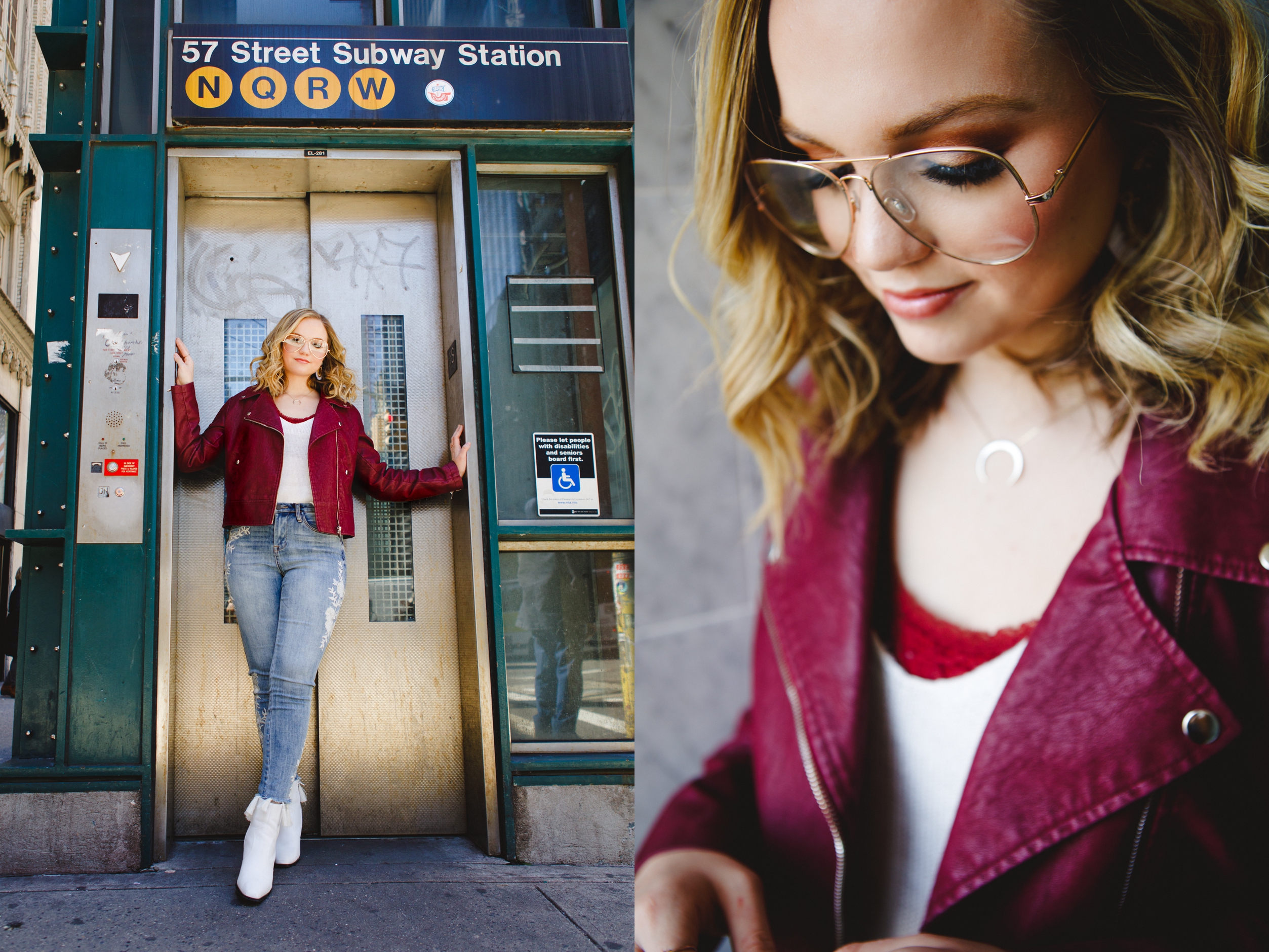 Blonde model wearing maroon leather jacket at subway entrance in New York