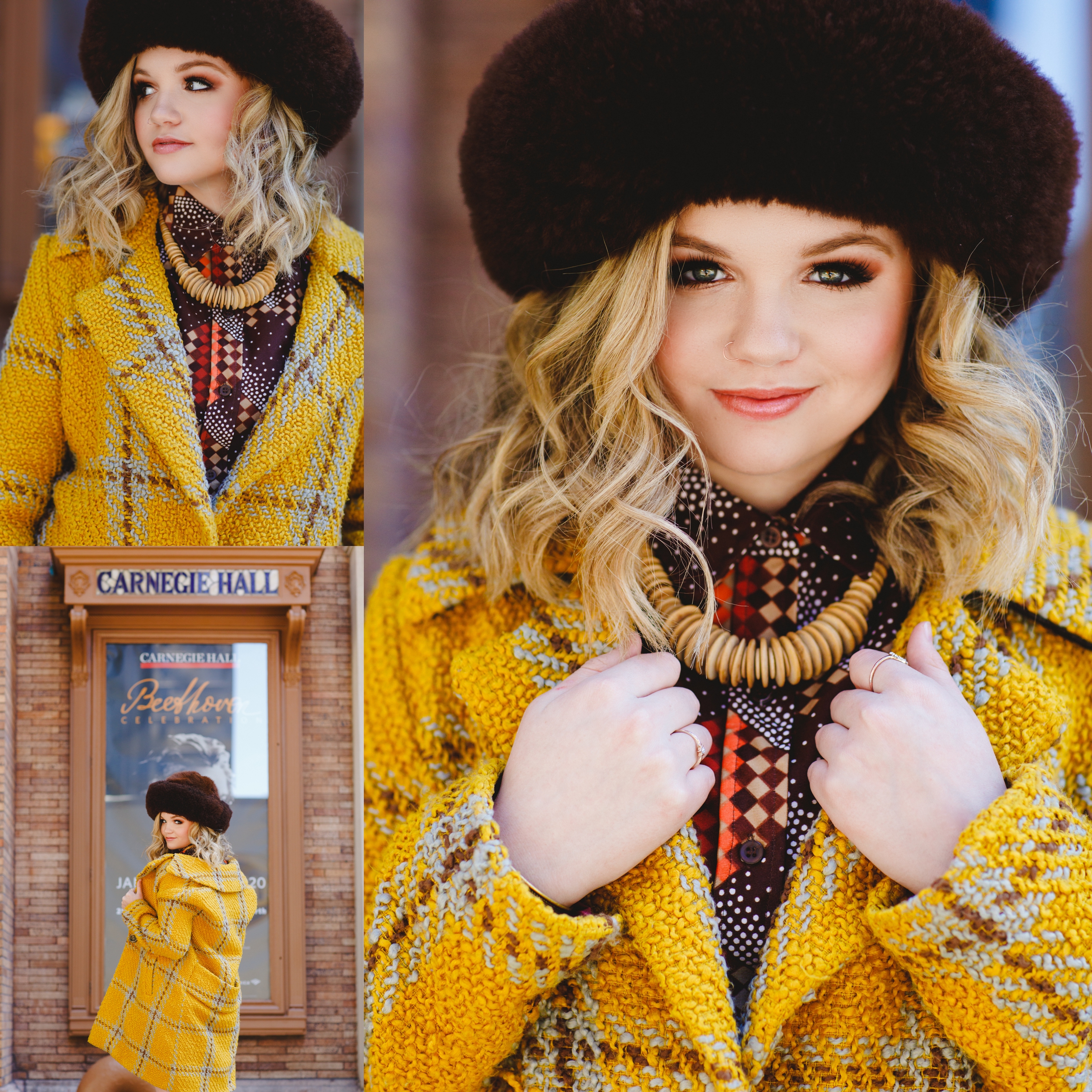 Blonde model wearing winter fashion in New York City Carnegie Hall 