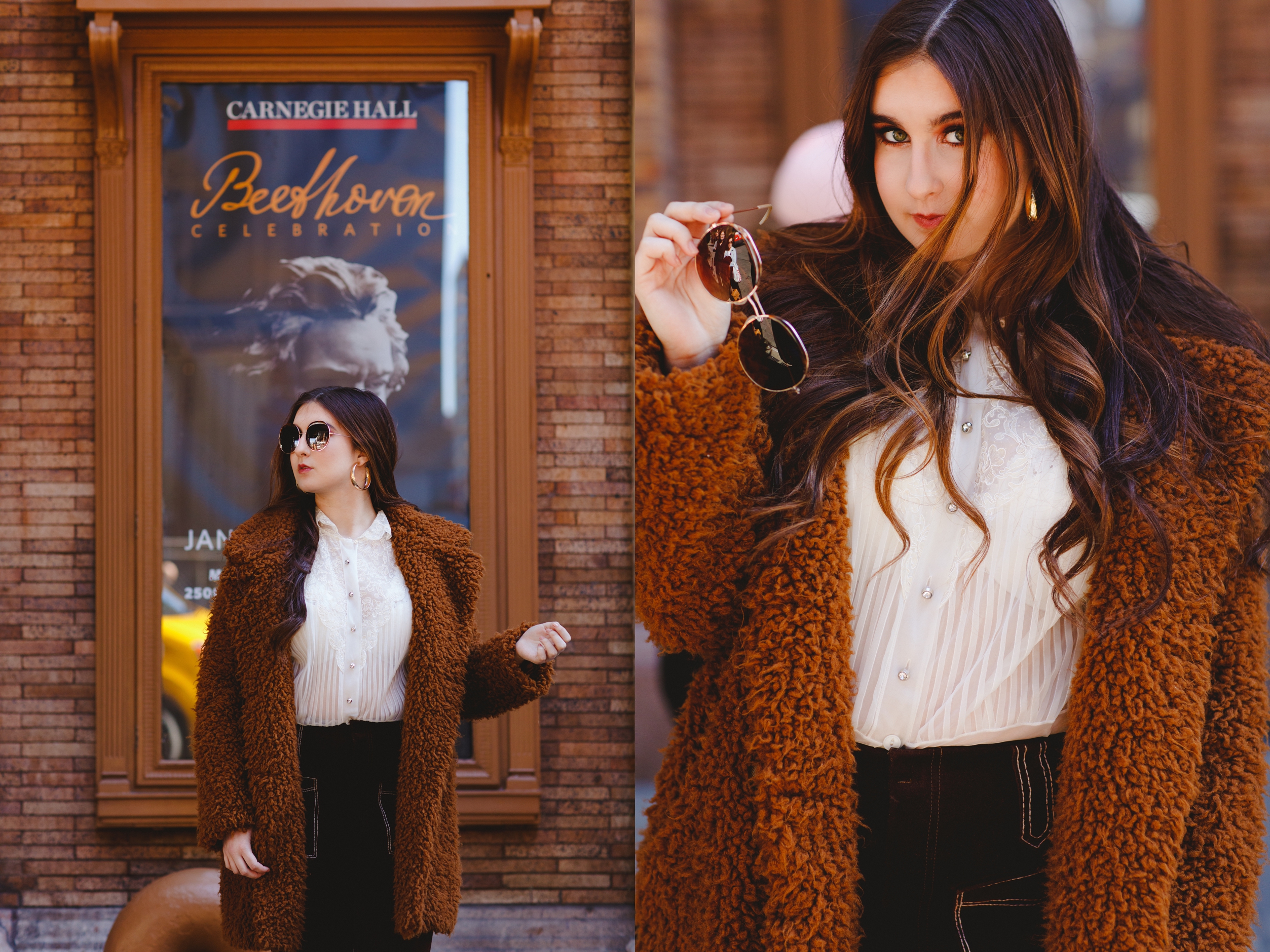 Brunette model with sunglasses wearing vintage fashion outside Carnegie Hall in New York City