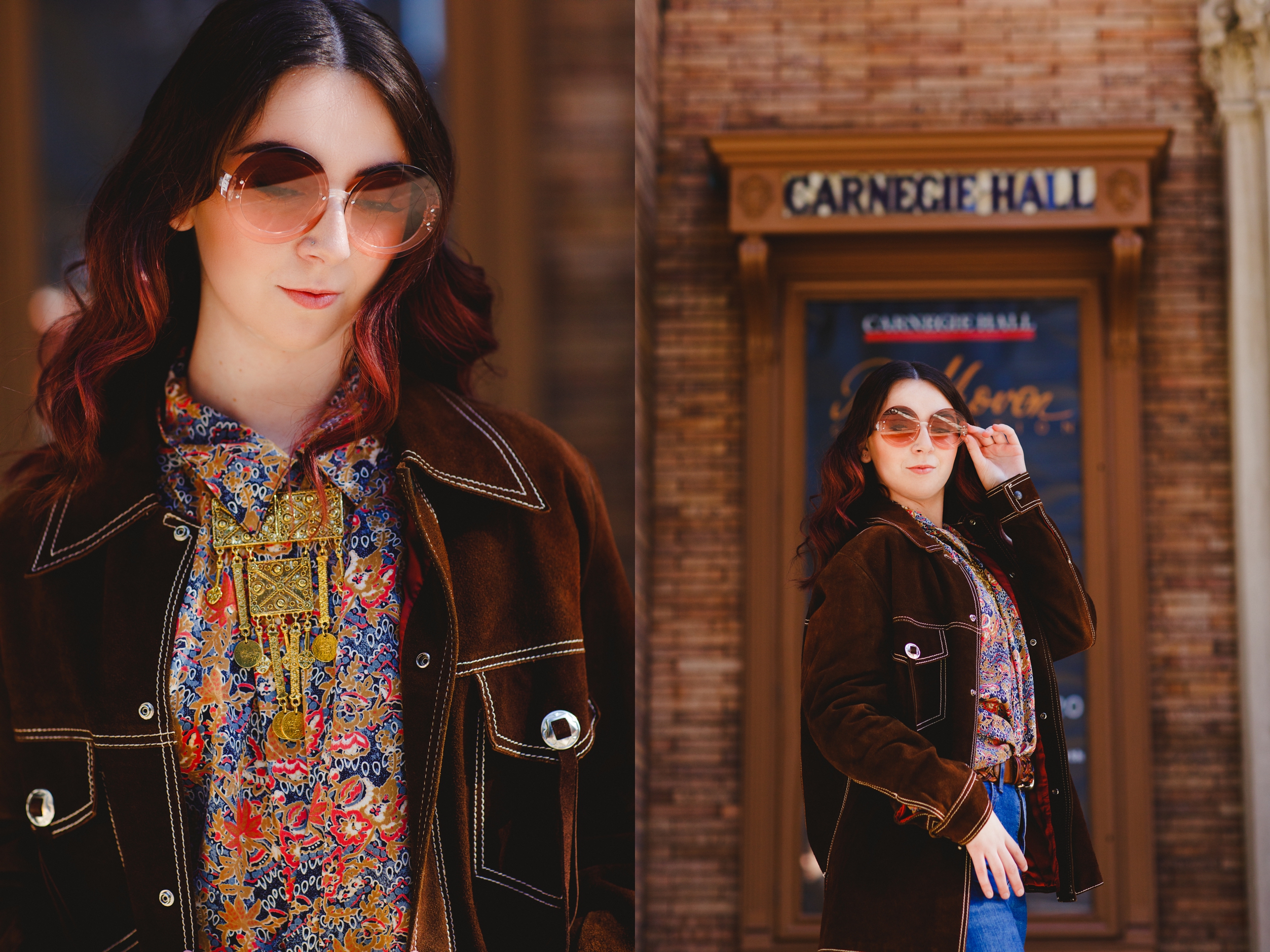 brunette model wearing vintage clothes outside Carnegie hall in New York City