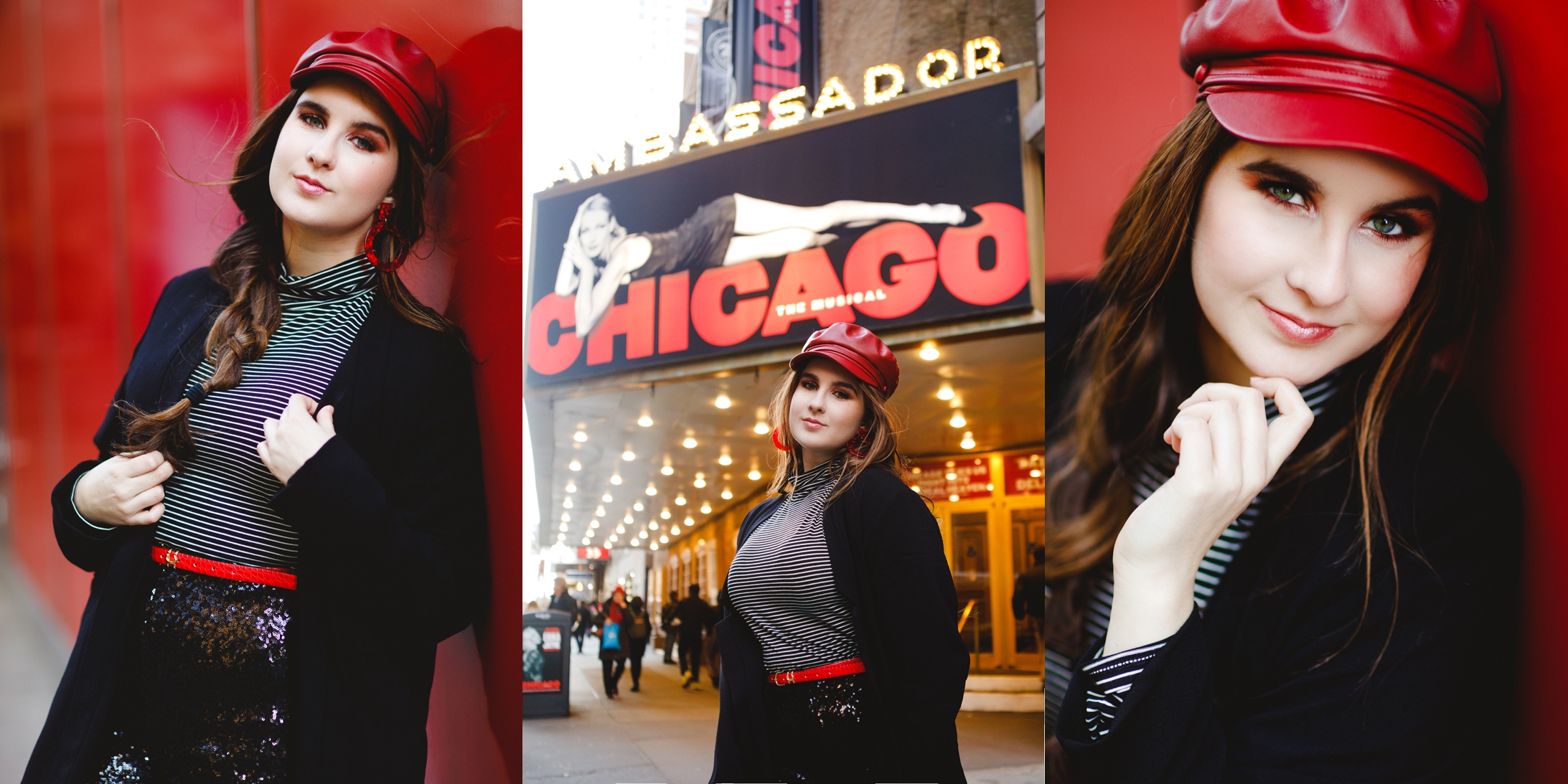Model wearing trending clothes in front of Ambassador theatre marquee in New York