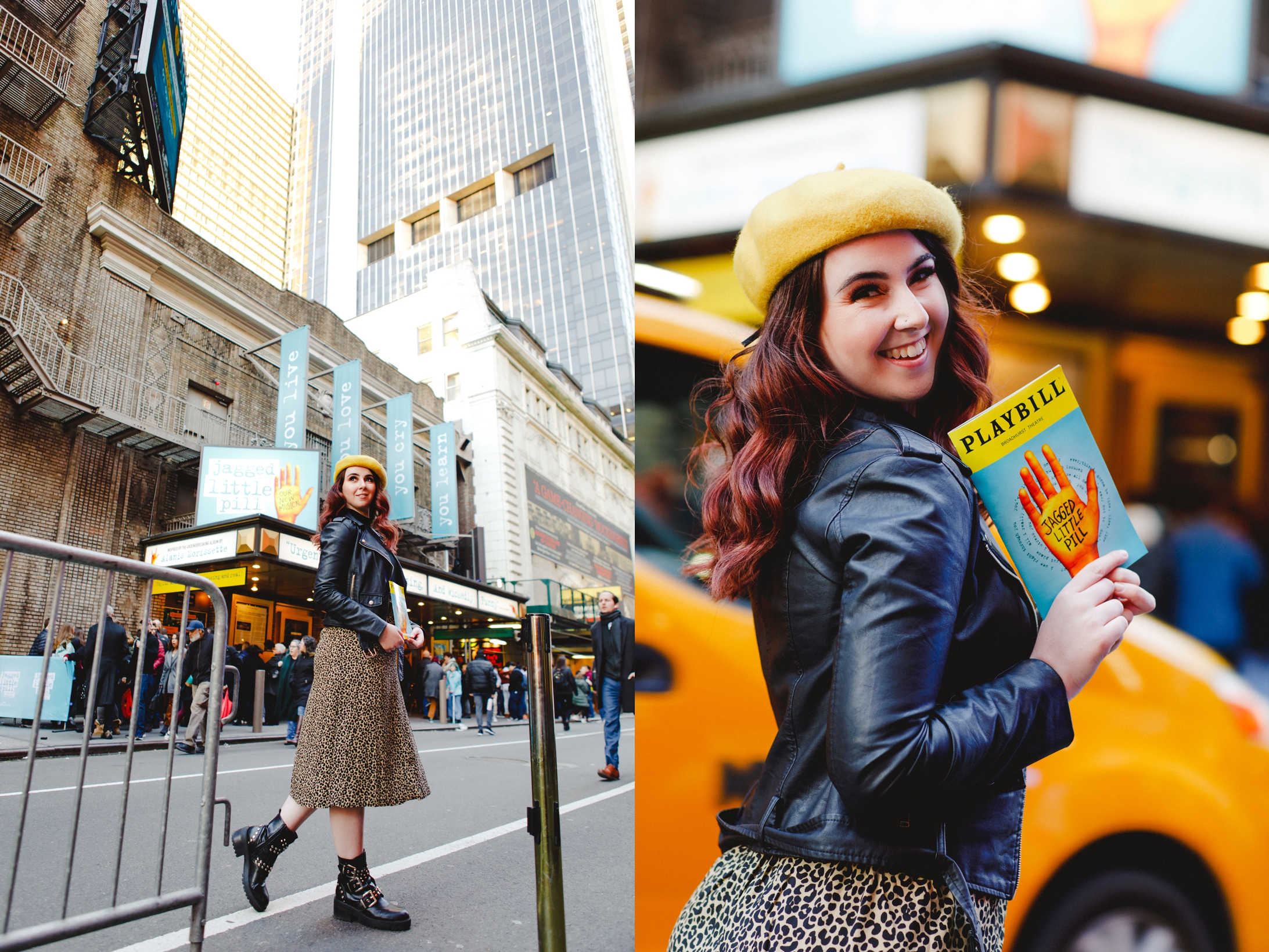 Brunette model wearing yellow beret holding jagged little pill playbill in front of Broadhurst Theatre in NYC