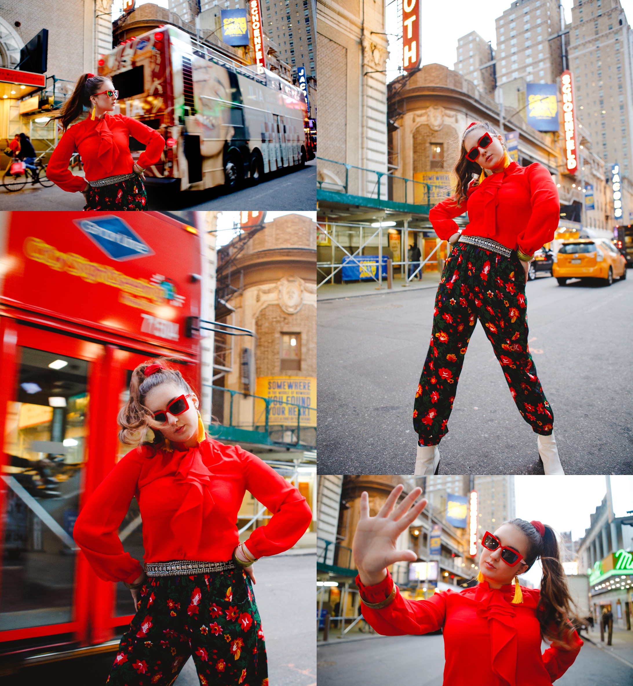 Brunette wearing floral pants, red sunglasses, and red blouse in middle of city street in NYC