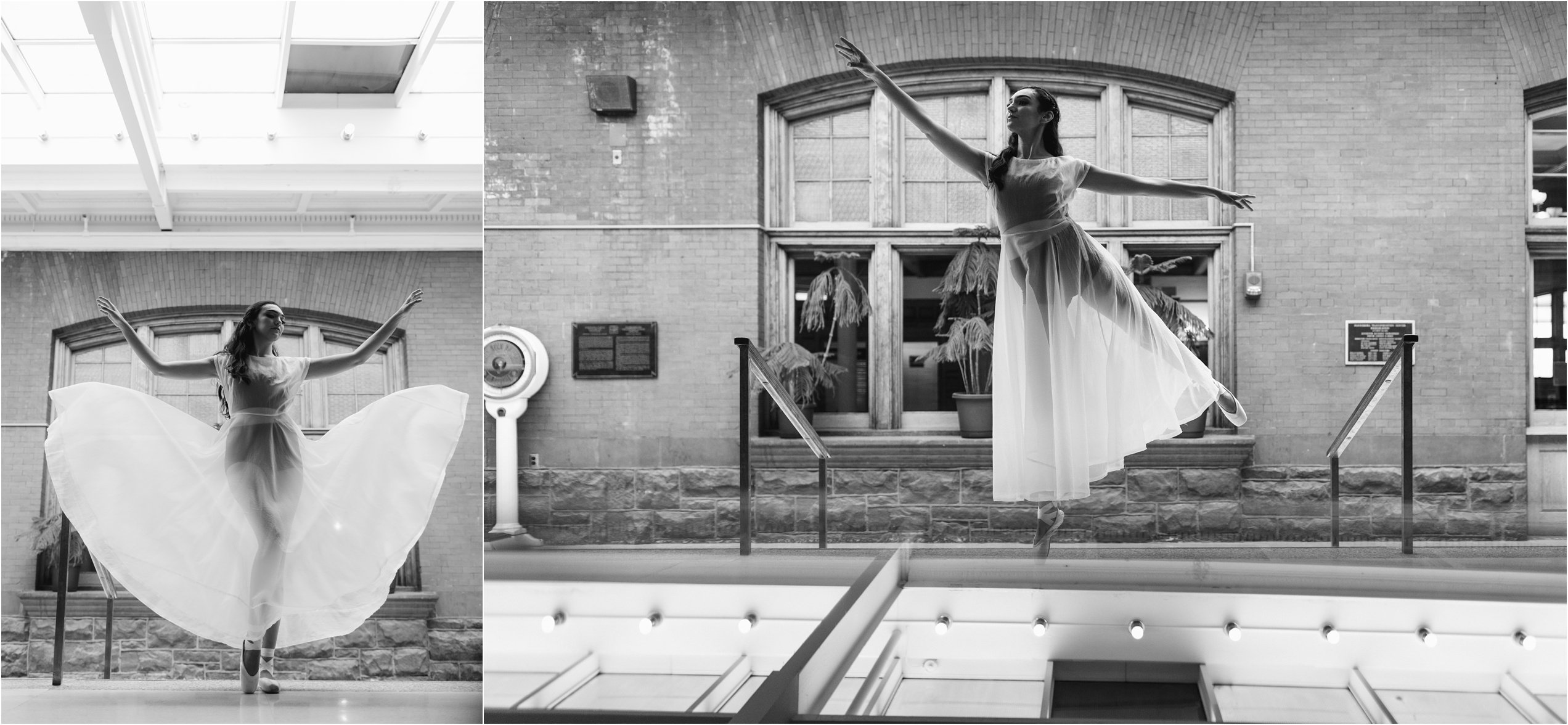 Set of two black and white images. First Image: Ballerina in light sheer dress and dark bodysuit with long dark hair throwing her sheer skirt. Second Image: Same ballerina on pointe in arabesque at the top of a staircase in a train station.
