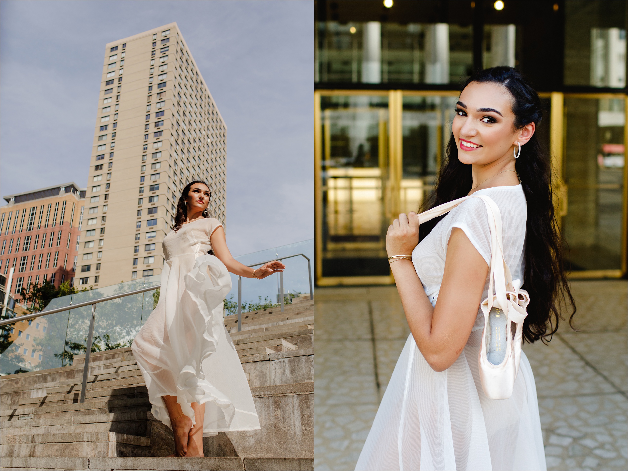 Set of two Senior Pictures: Brunette girl with long hair and red lipstick wearing a white dress and pink satin pointe shoes looking out over the streets of New York from Lincoln Center Steps. Second Image: Same senior looks over her shoulder holding her pointe shoes.