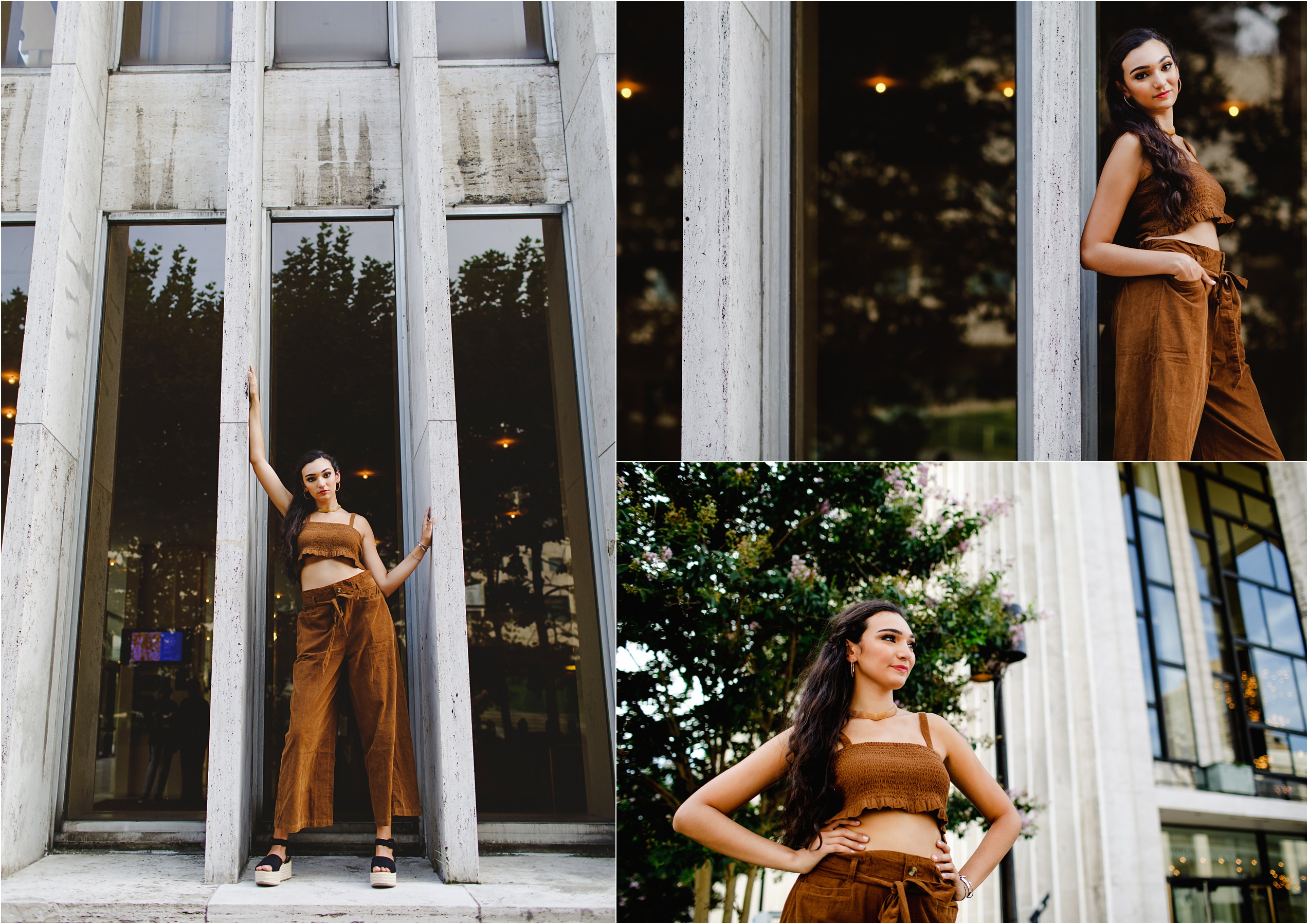 Three Senior Picture Collage all featuring a brunette senior wearing a matching set of a trendy brown tank top and wide leg pants posing outside of Lincoln Center in New York City