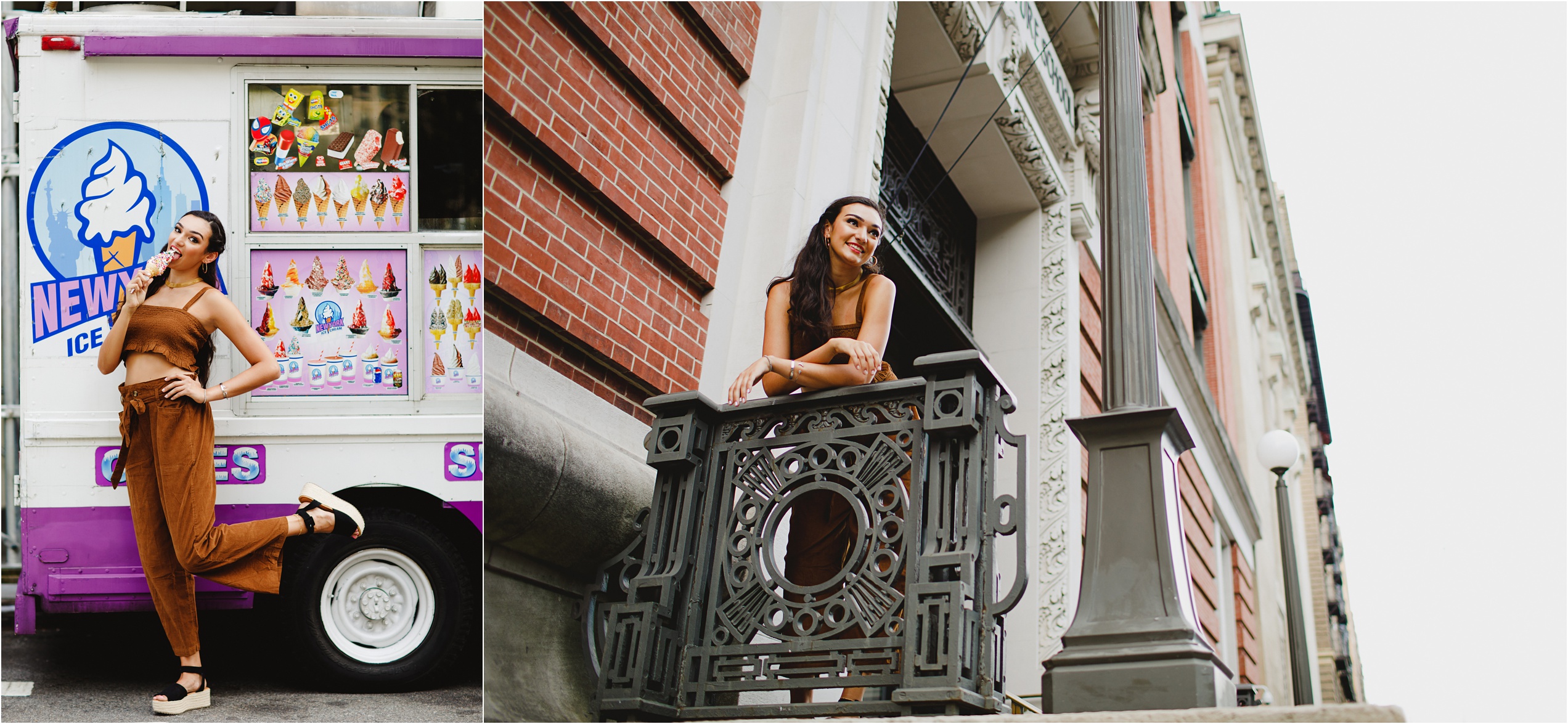 Two Senior Pictures featuring a brunette senior wearing a matching set of a trendy brown tank top and wide leg pants. First Picture: Model posing with one foot kicked behind her with a vanilla ice cream cone with rainbow sprinkles in front of an ice cream truck on the streets of New York City. Second Picture: Same model gazing over an iron balcony next to a lamp post on the streets of the Upper West Side.
