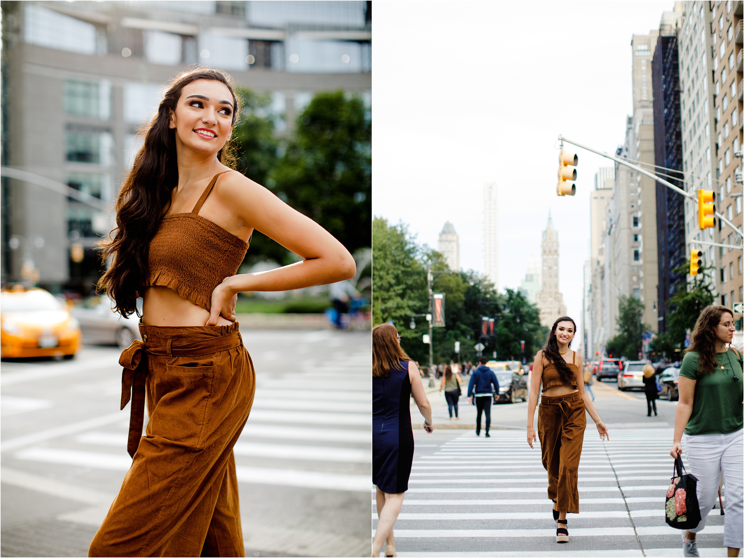 Two Senior Photo Collage of brunette model with long dark hair and red lipstick in a trendy matching two-piece chocolate brown set. First Image: Close shot of model looking out into New York City Traffic. Second Image: Wide Shot of model crossing a busy NYC Street on a crosswalk full of people.
