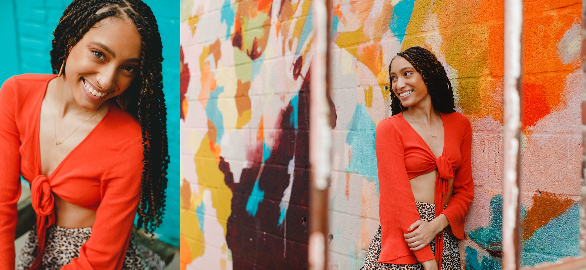 Various shots of Alize in the red top in front of a bright brushstroke mural.