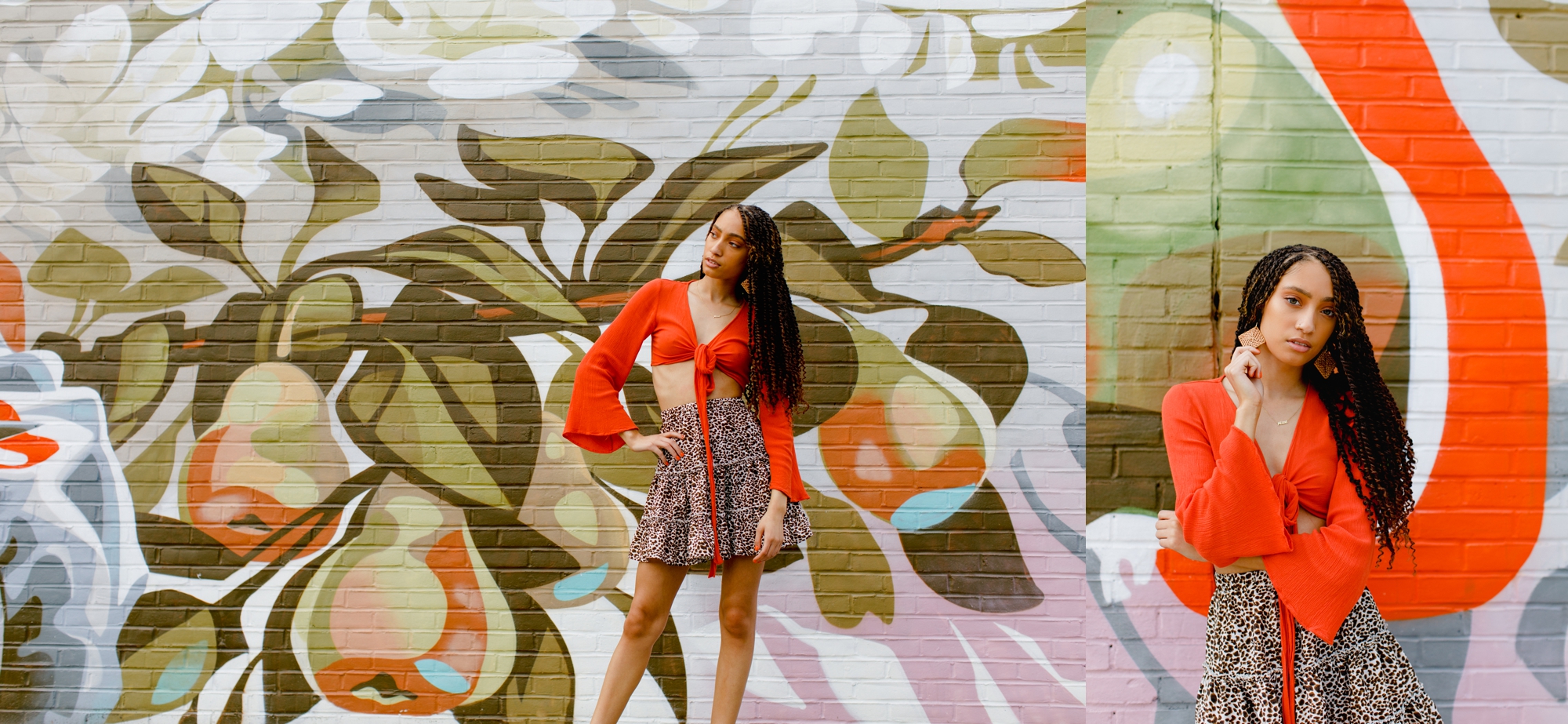 Alize poses in a red crop top and cheetah skirt in front of a mural in York.