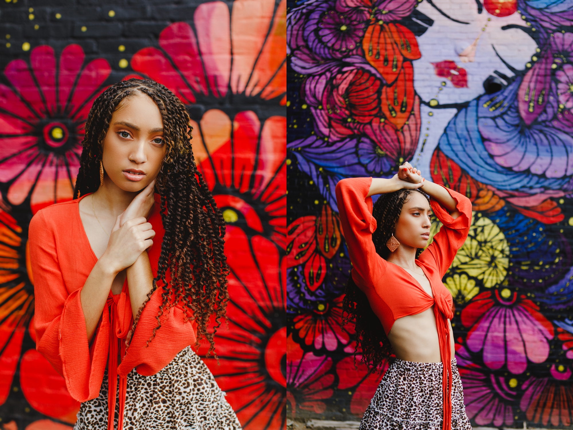 Alize wears a red long sleeve tied crop top and short cheetah print skirt posing in front of a jewel toned floral mural