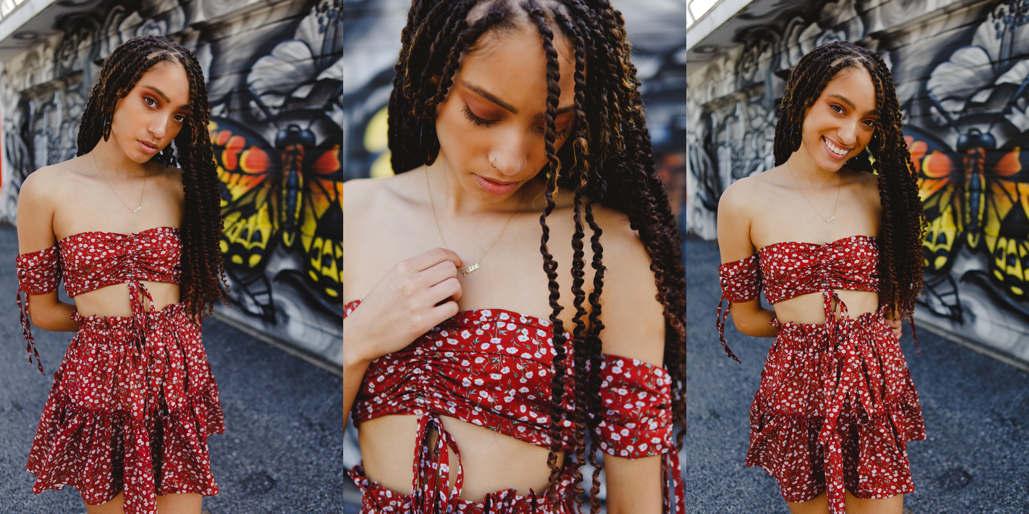 Three senior photo collage of Alize posing with her braids down in a two piece trendy ruched top and tiered skirt set.