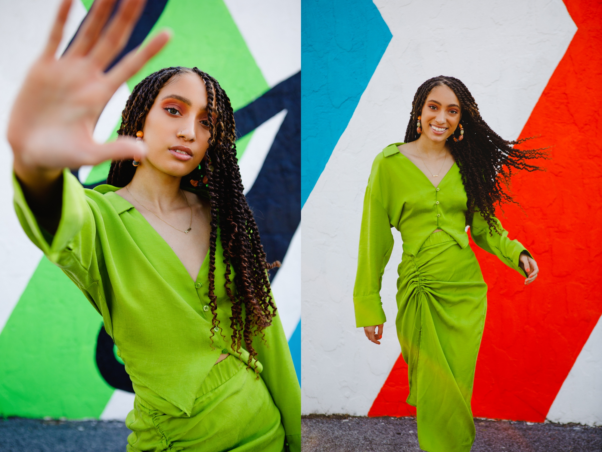 Two senior photo collage: Alize poses with her hand outstretched and then poses walking and smiling.