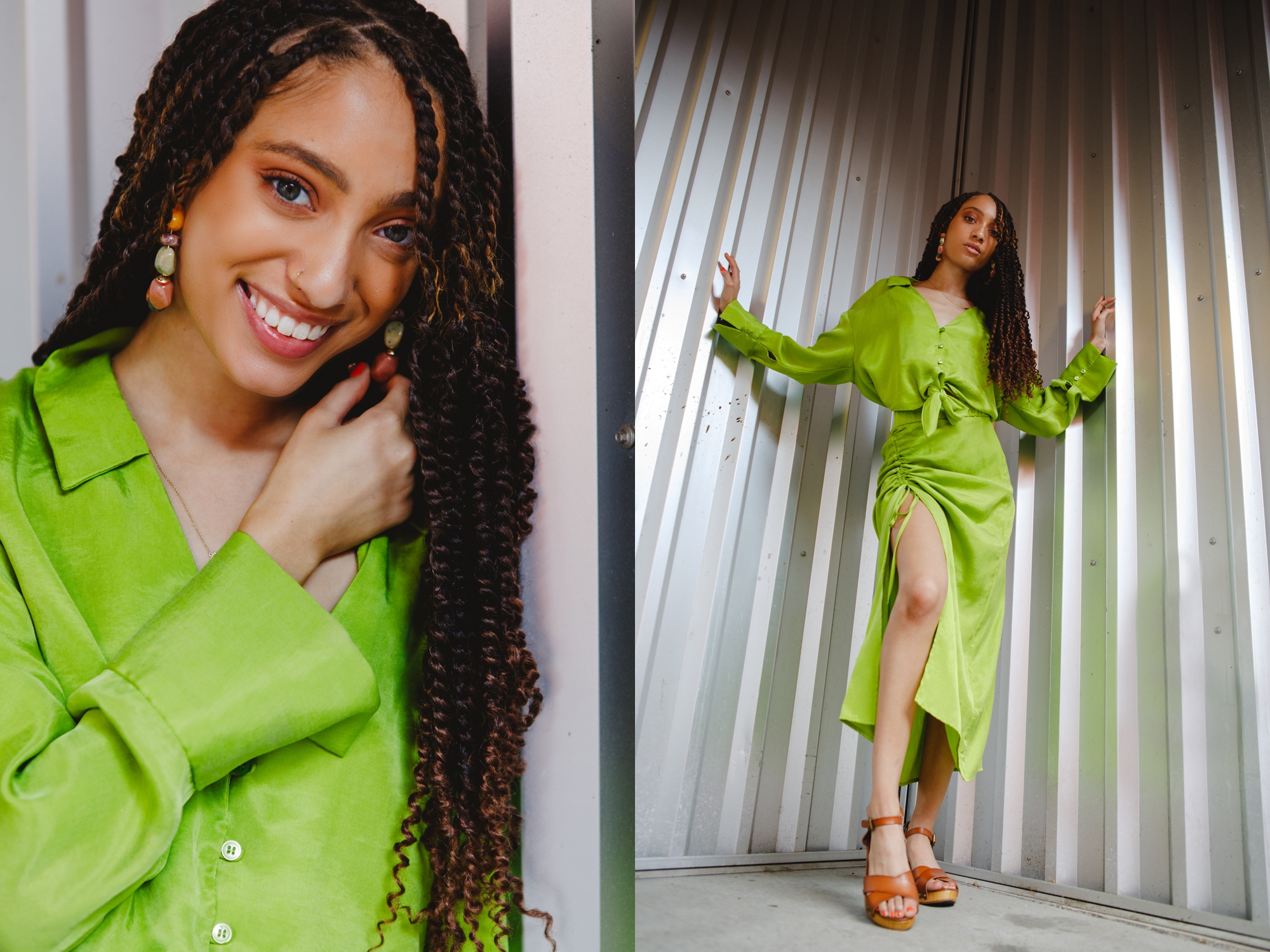 Alize poses for her senior pictures in a lime green dress wearing braids