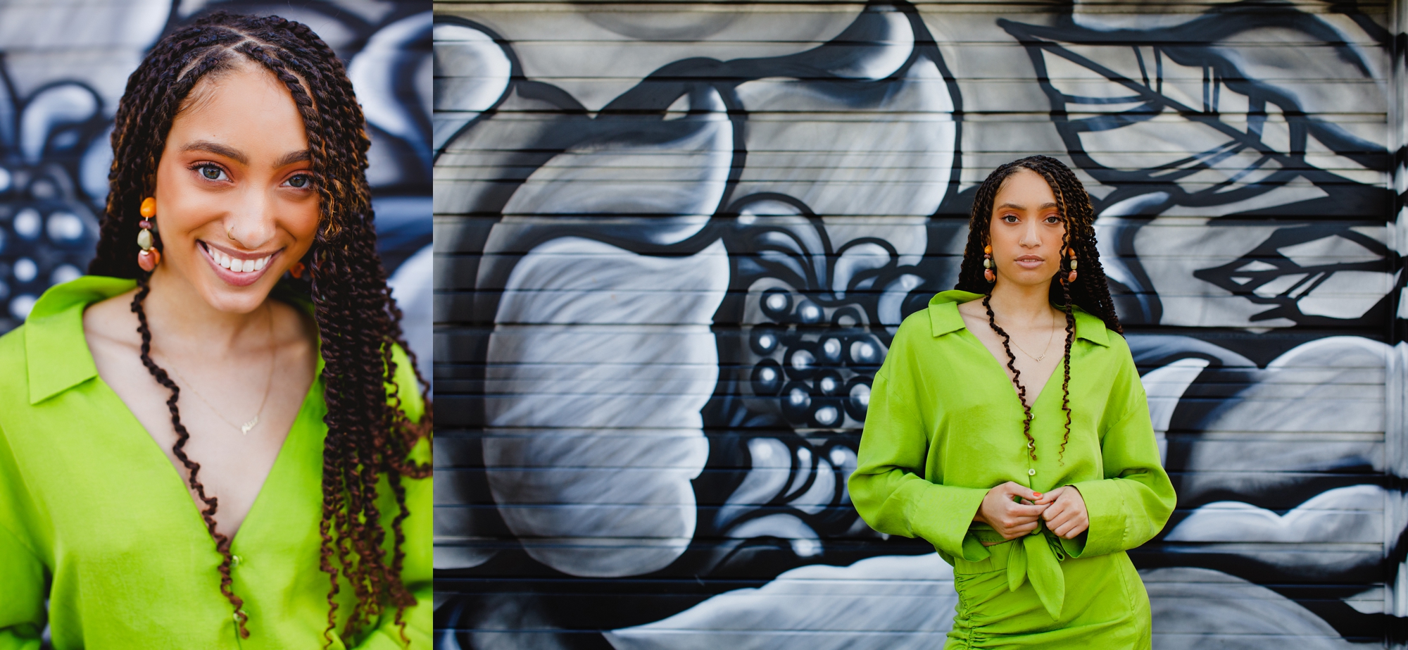 Alize poses in a lime green long sleeve dress in front of a grey and black mural wearing braids.