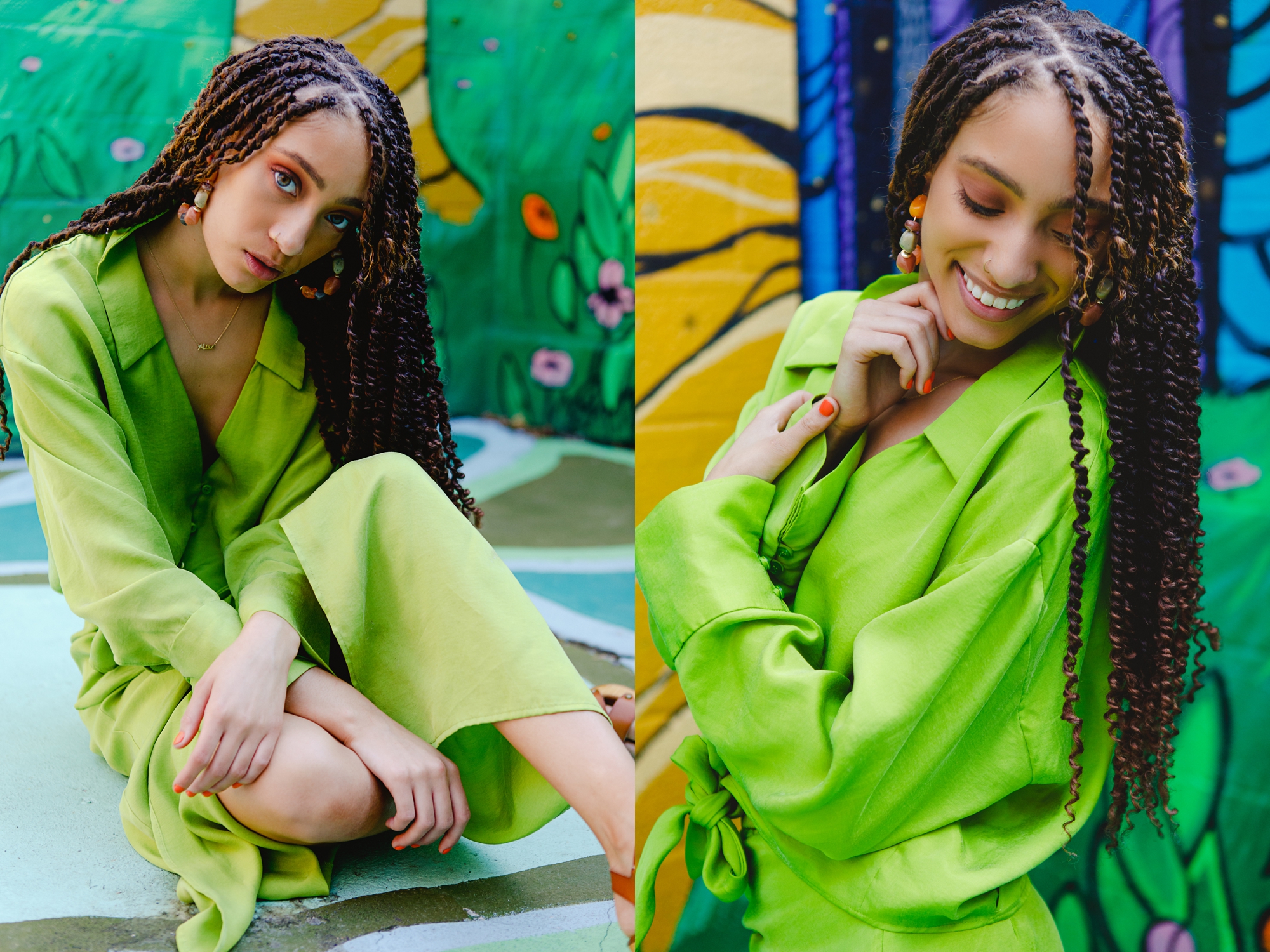 Alize poses in two images wearing a lime green long sleeve midi dress. The first pose is sitting on the ground and the second is glancing down at her arm and smiling.
