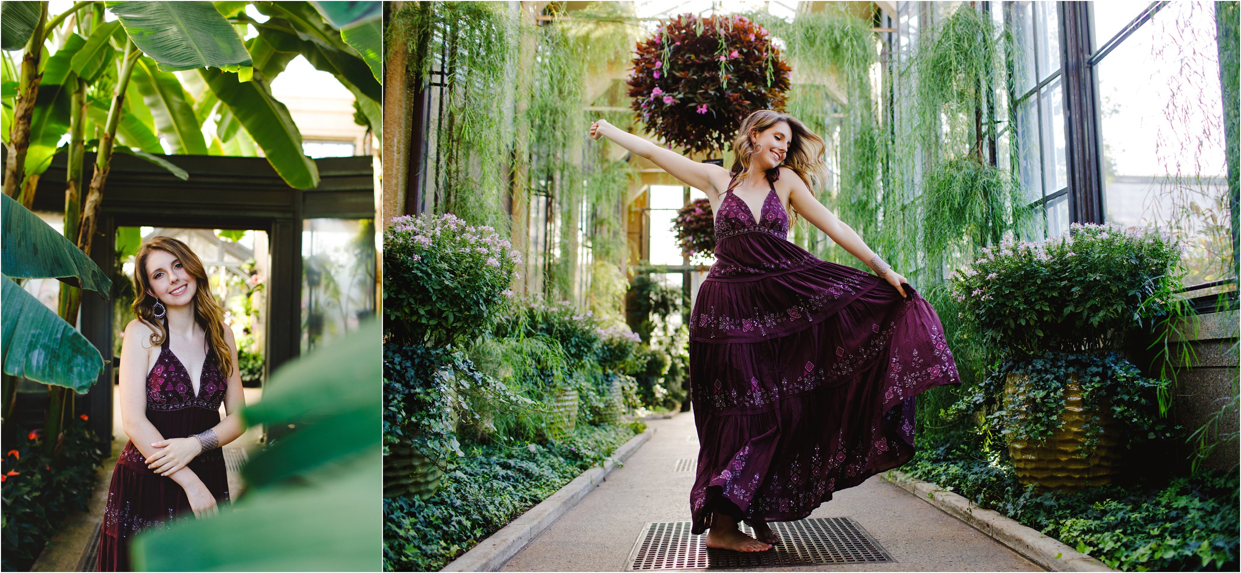 Clare looking through greenery and dancing in her deep purple beaded maxi dress in the greenhouse at Longwood gardens.