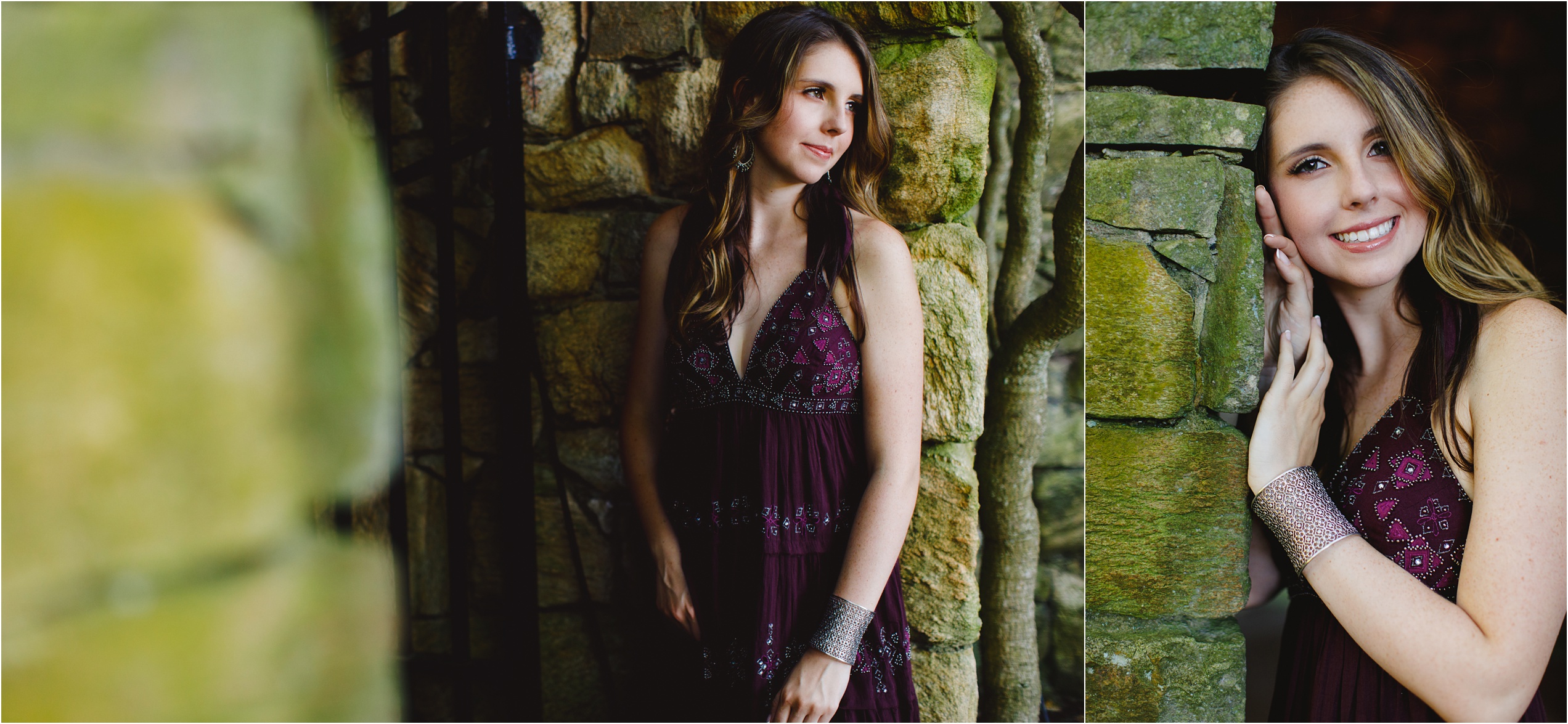 Clare poses against moss covered stone castle walls at Longwood gardens in Pennsylvania Senior Photoshoot.
