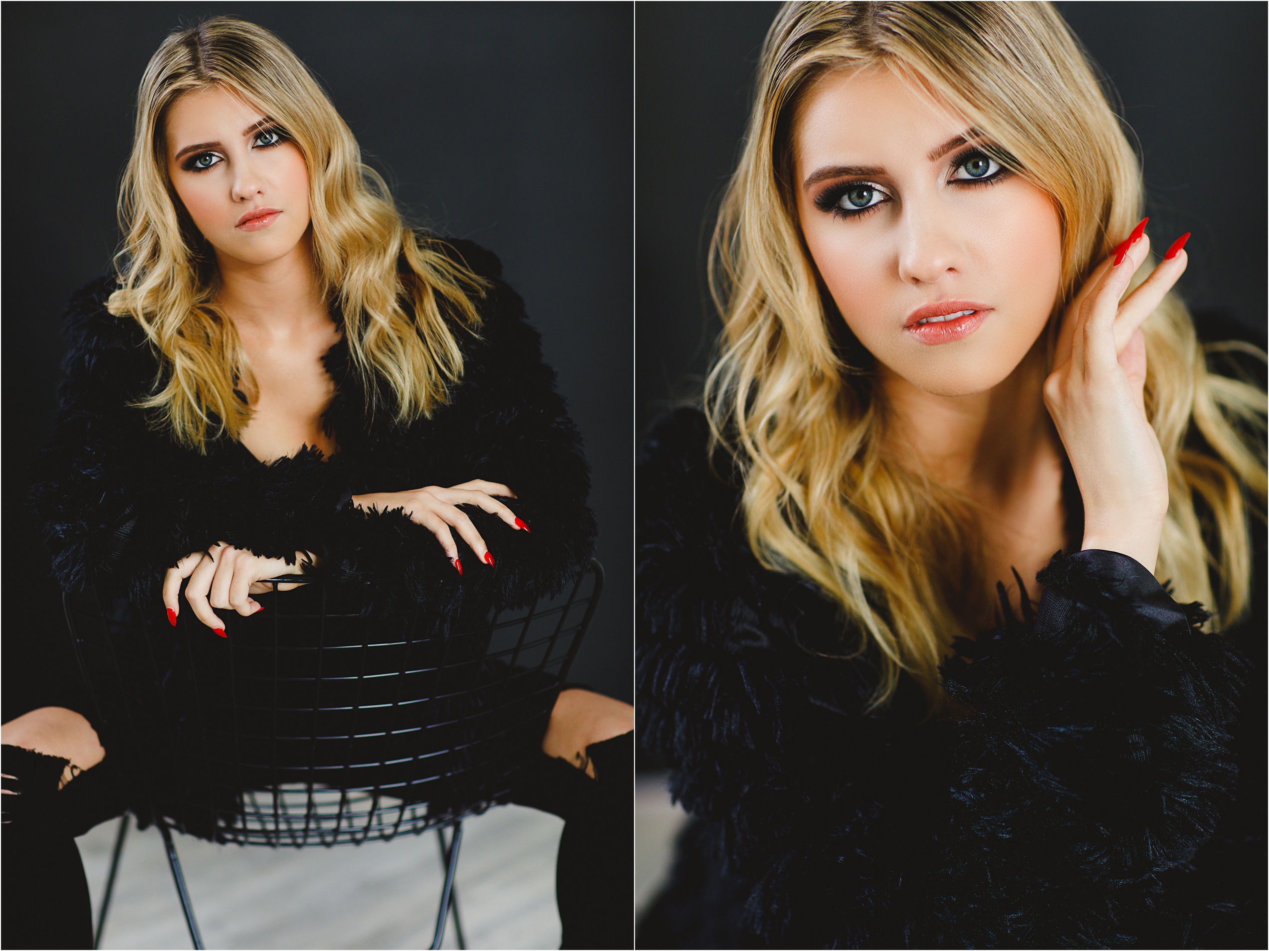 Andrina posing in the studio in a black chair and head to toe black trendy outfit and smokey eye makeup.