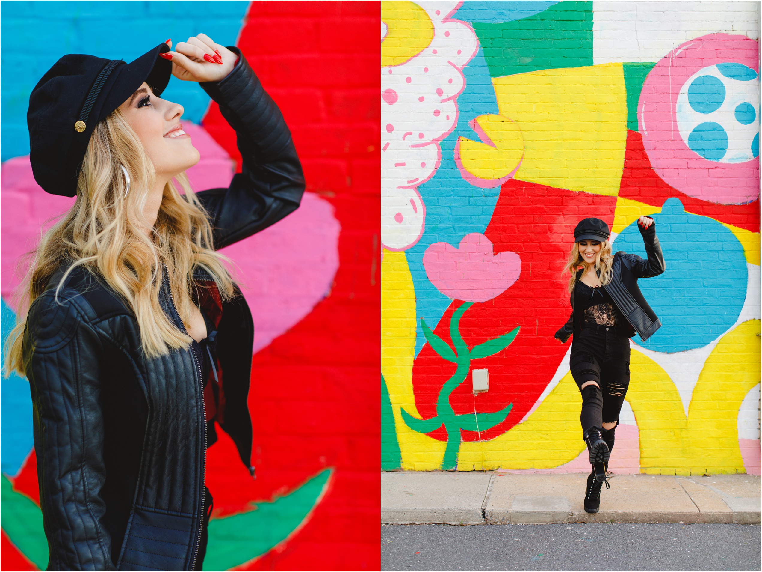 Andrina smiling as she tips her black hat and dancing in an all black outfit in front of a colorful mural.