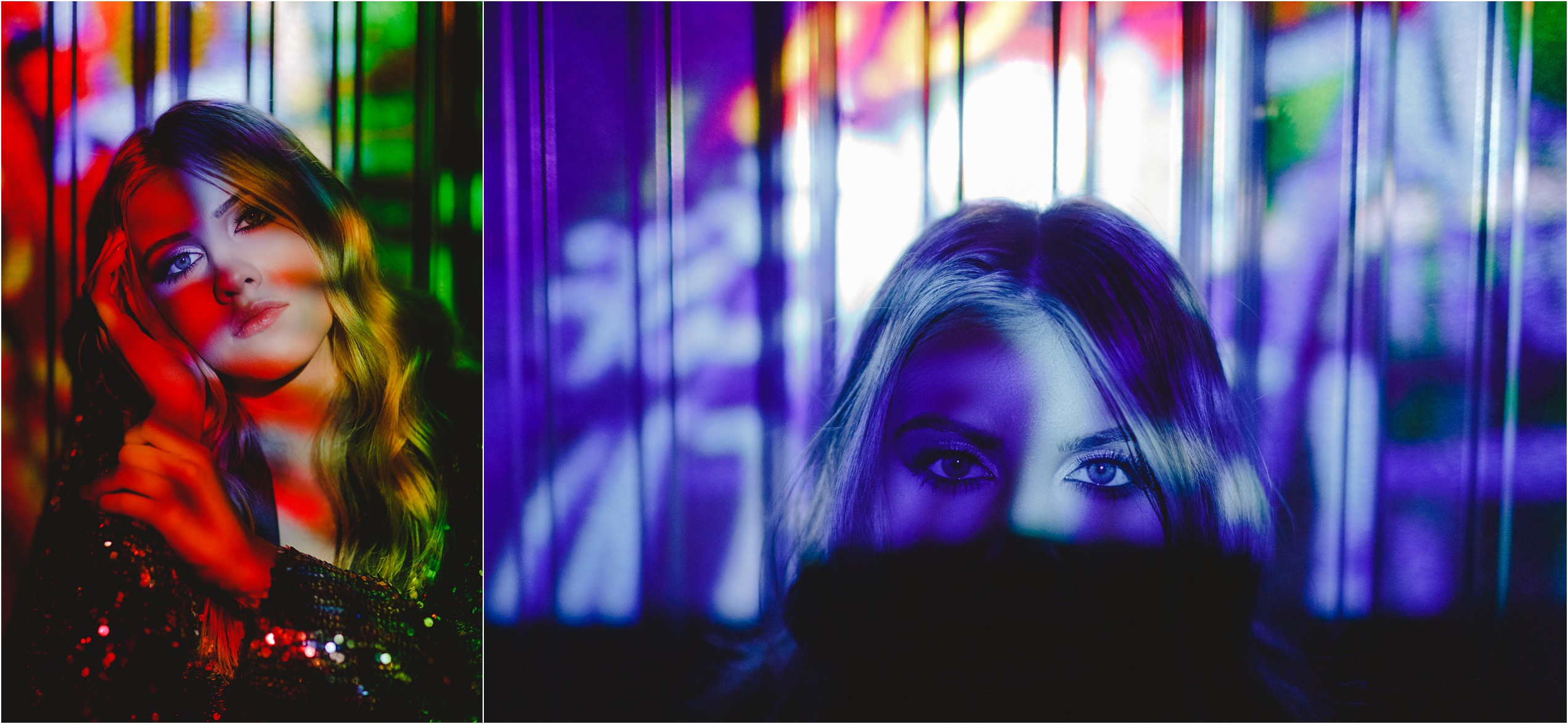 Collage of Andrina with projected colorful light beams hitting her face in her senior photoshoot.