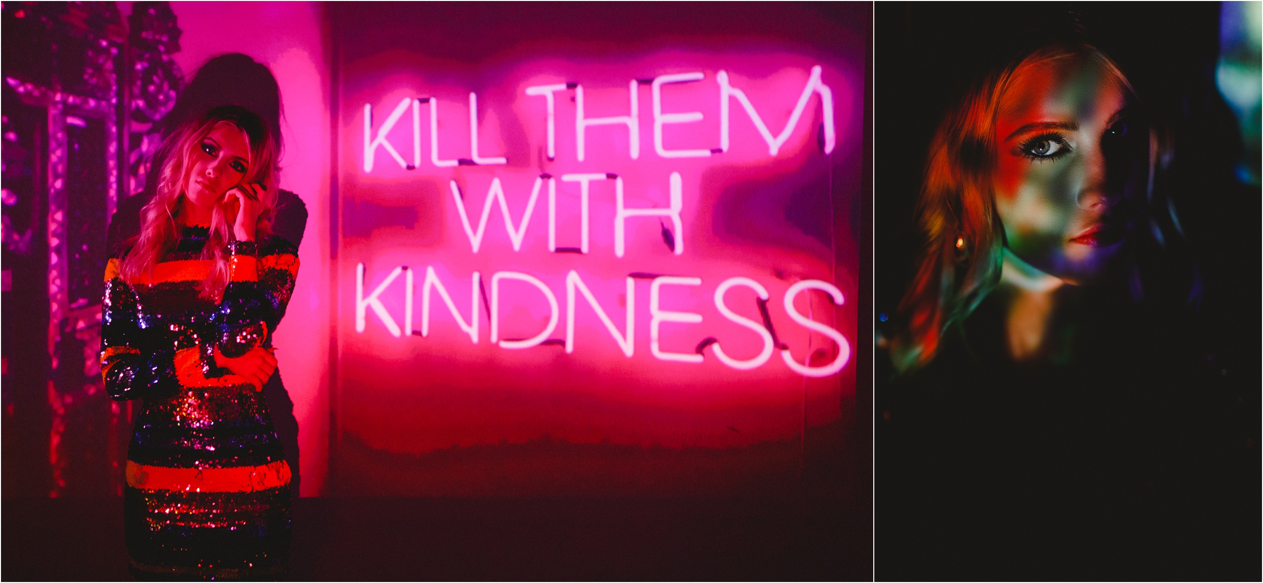 Andrina posing next to neon sign that reads "Kill them with Kindness" in a striped sequin dress.
