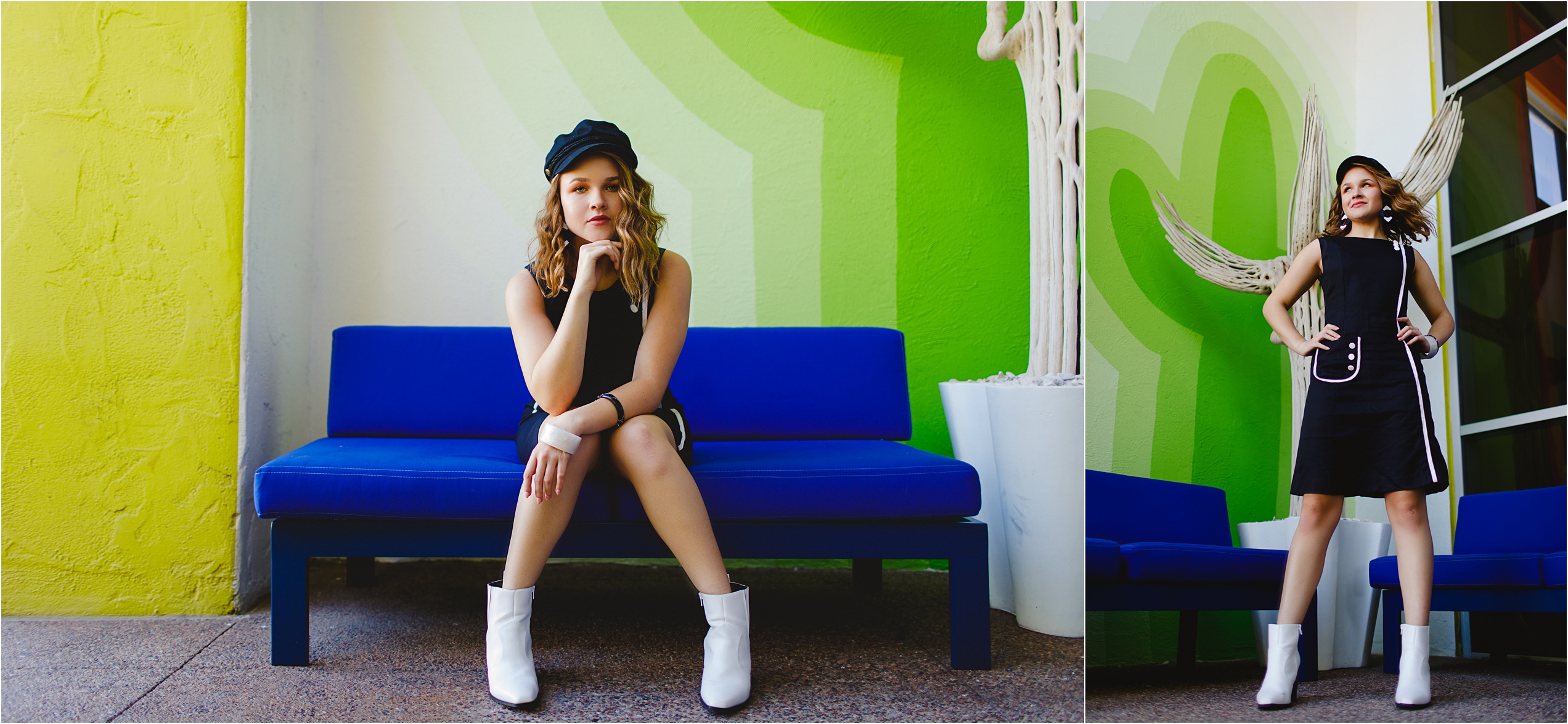 Abby posing in front of a neon green wall in a 60s gogo inspired outfit from the Slice of Lime Style Closet