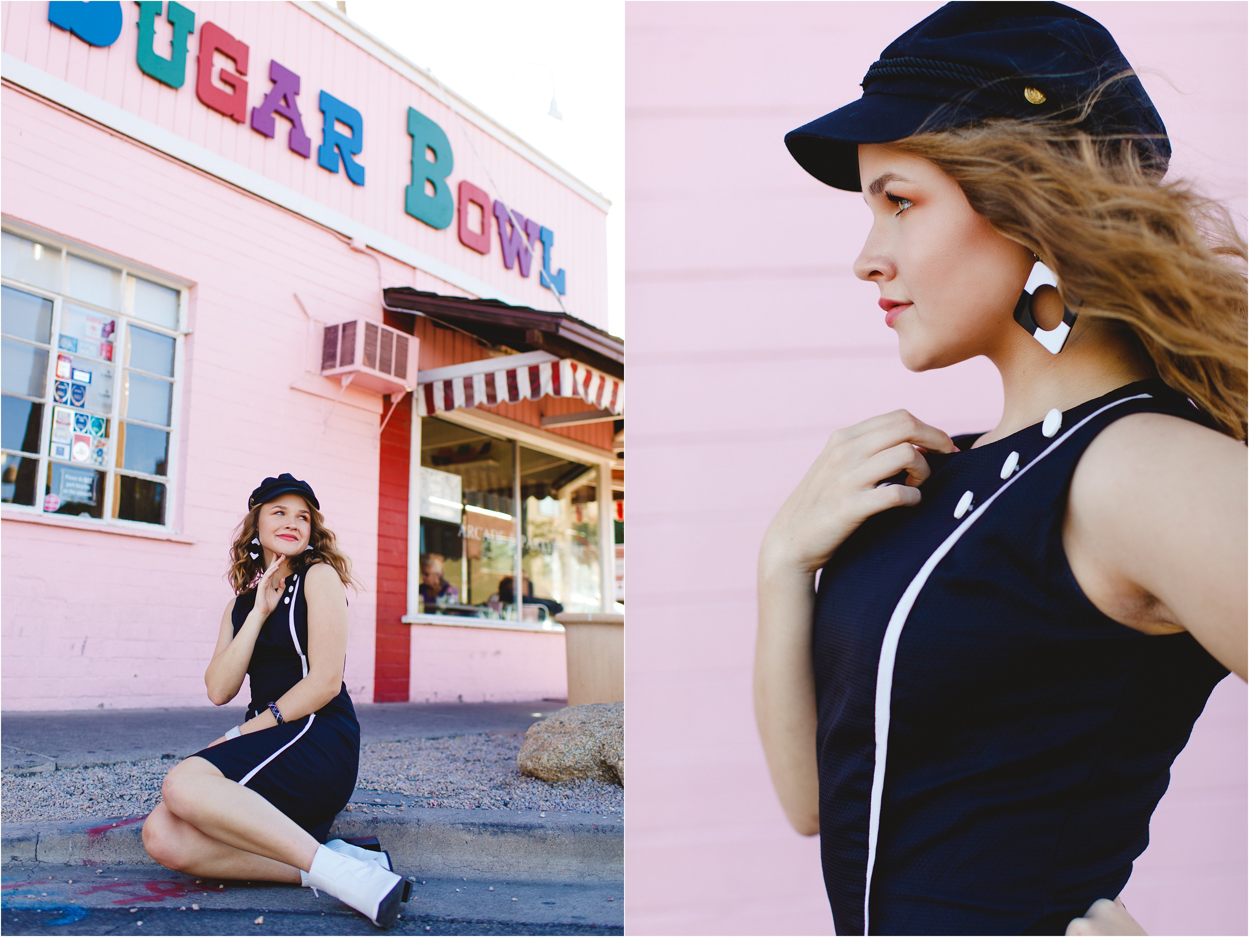 Abby posing in a black and white go go inspired outfit in front of a candy pink ice cream shop.