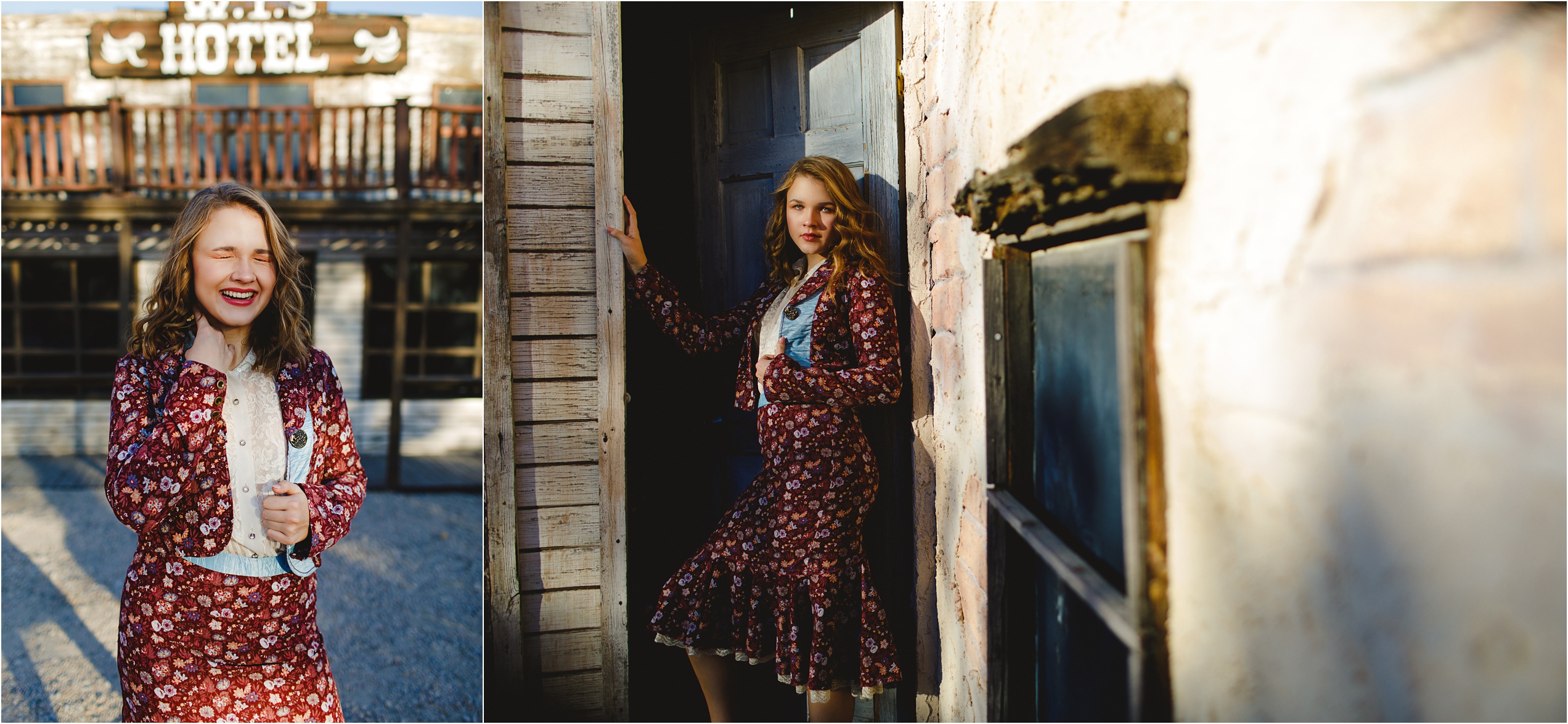 Abby posing in a two piece skirt and jacket floral set from Free People at an old western location with Slice of Lime Senior Photography.