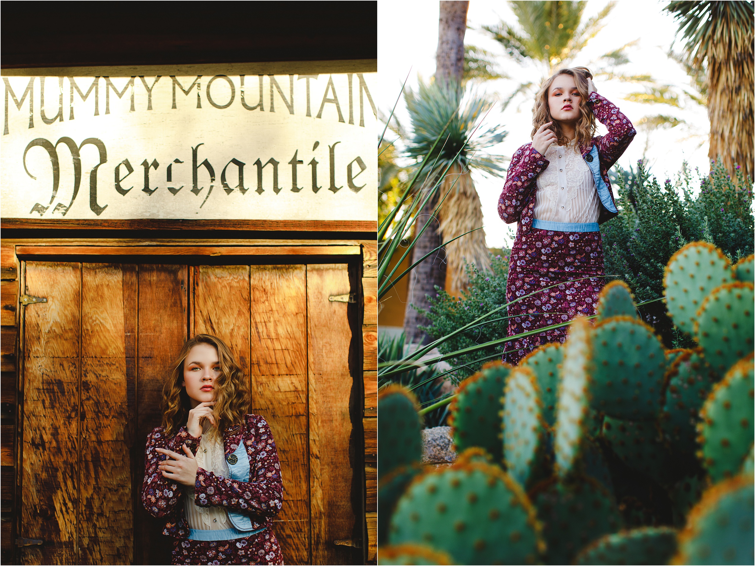 Abby posing in a two piece skirt and jacket floral set from Free People at an old western location and cacti with Slice of Lime Senior Photography.