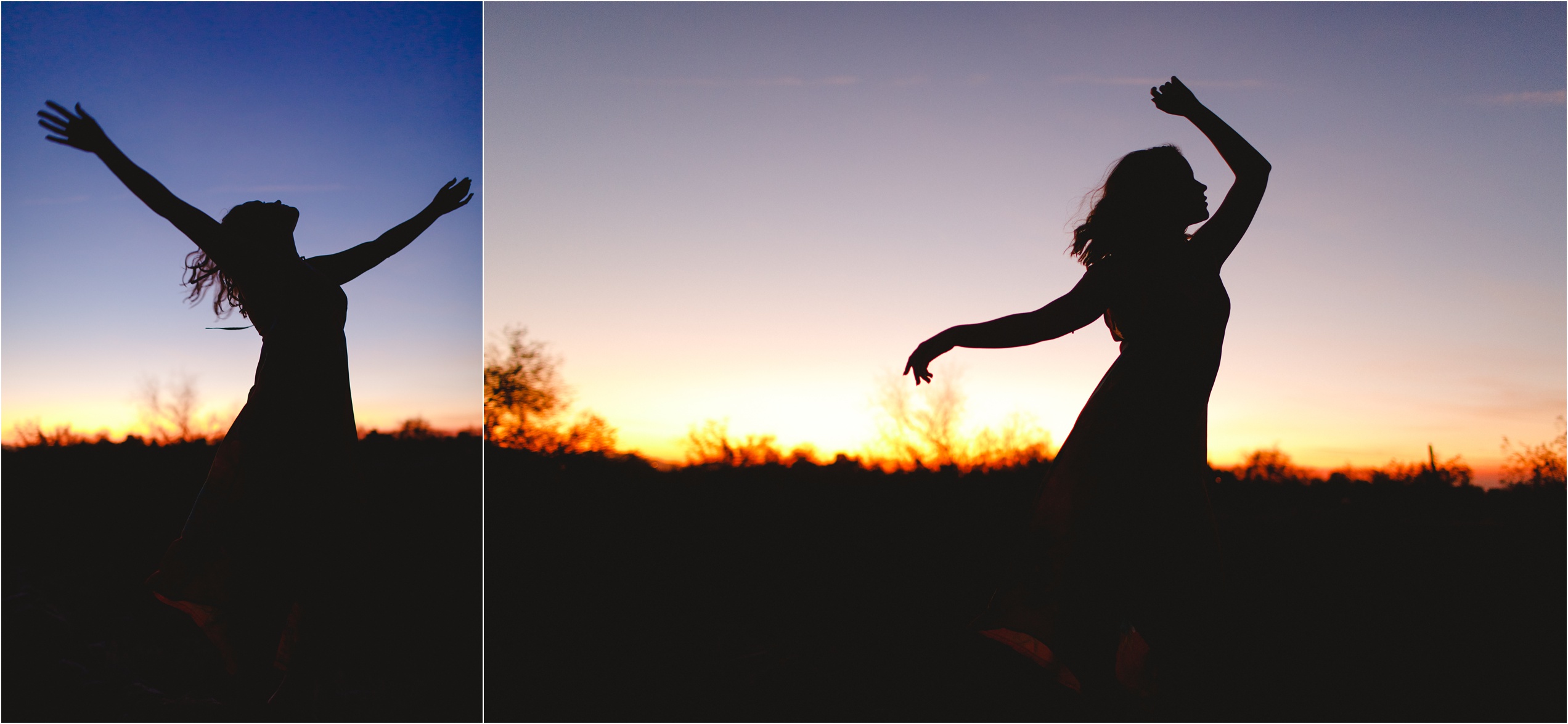 Silhouettes of Abby at sunset in the desert dancing during her senior photos with Slice of Lime Photography.