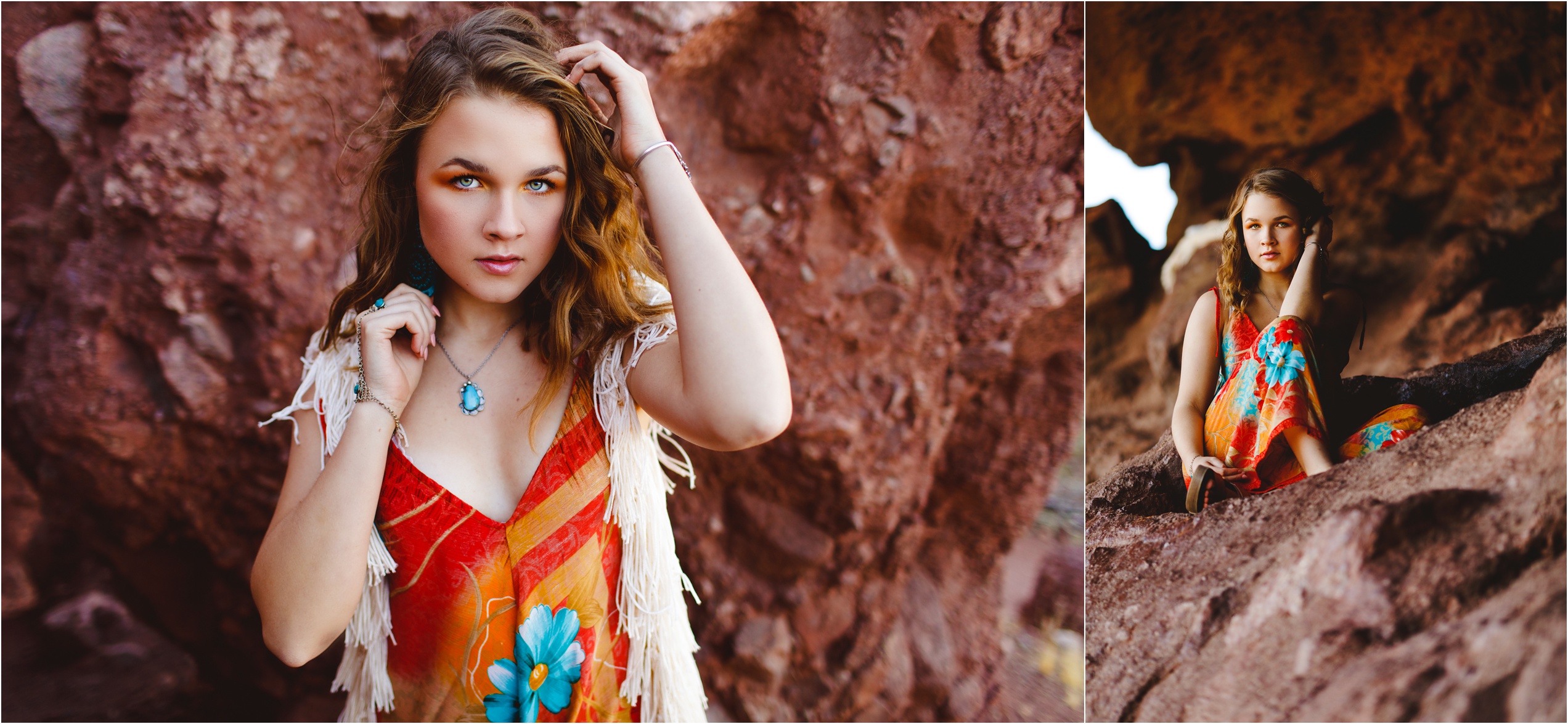 Abby posing in a bright colored jumpsuit and white macrame duster on red clay rocks on location with slice of lime.