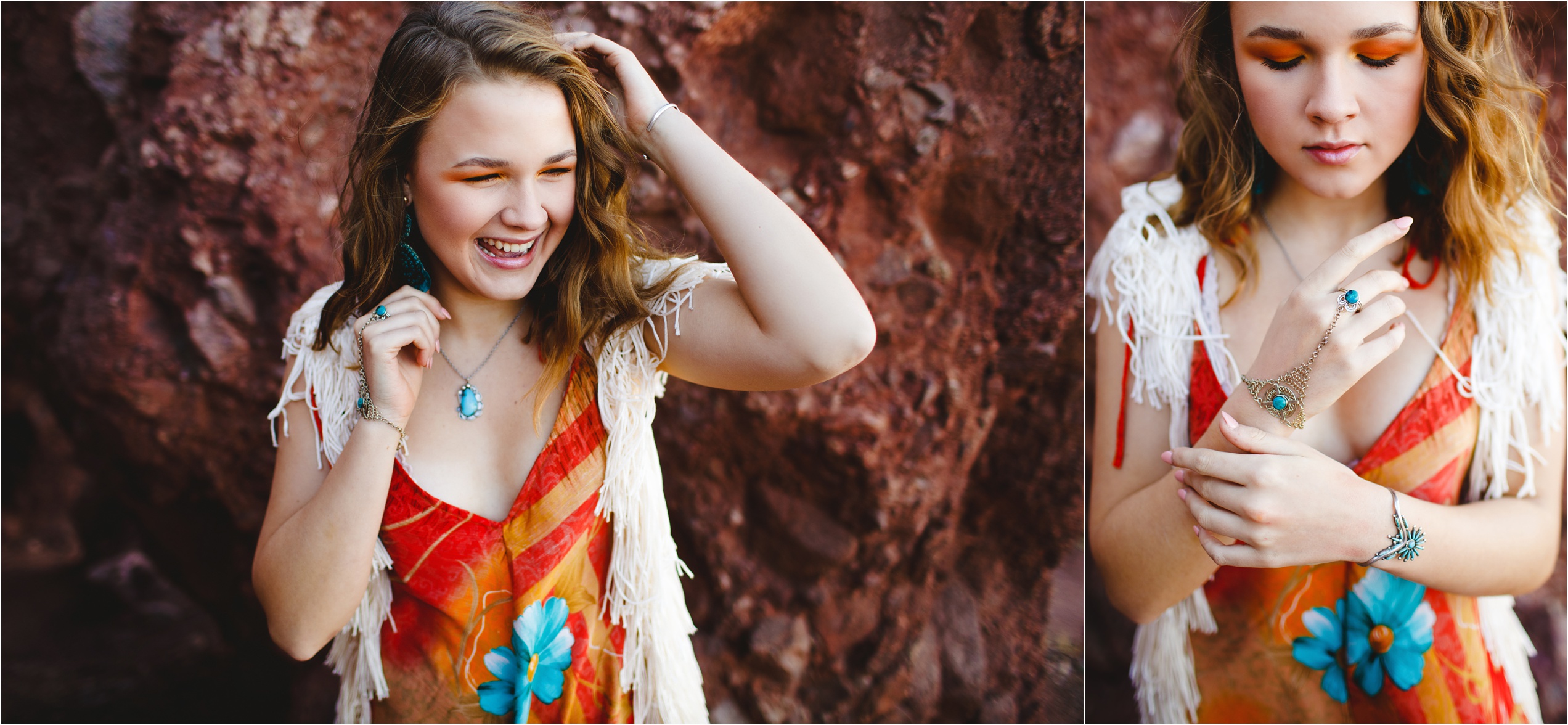 Abby posing in a bright colored jumpsuit and white macrame duster on red clay rocks on location detailed shot of accessories from the style closet with slice of lime.