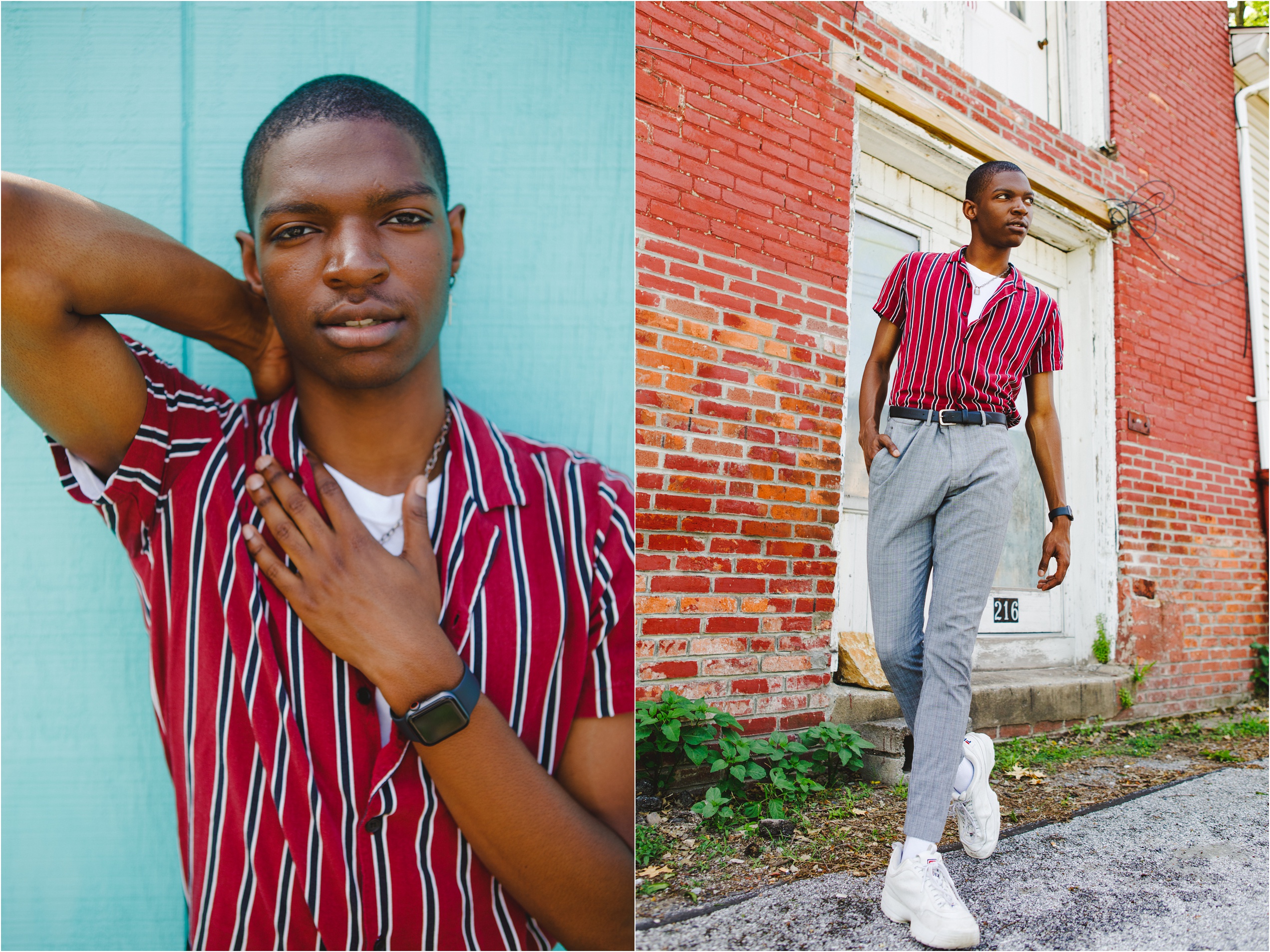 Akiva models in front of a red brick wall and bright blue trendy wall in a trendy striped button down top for his senior boy photo shoot.