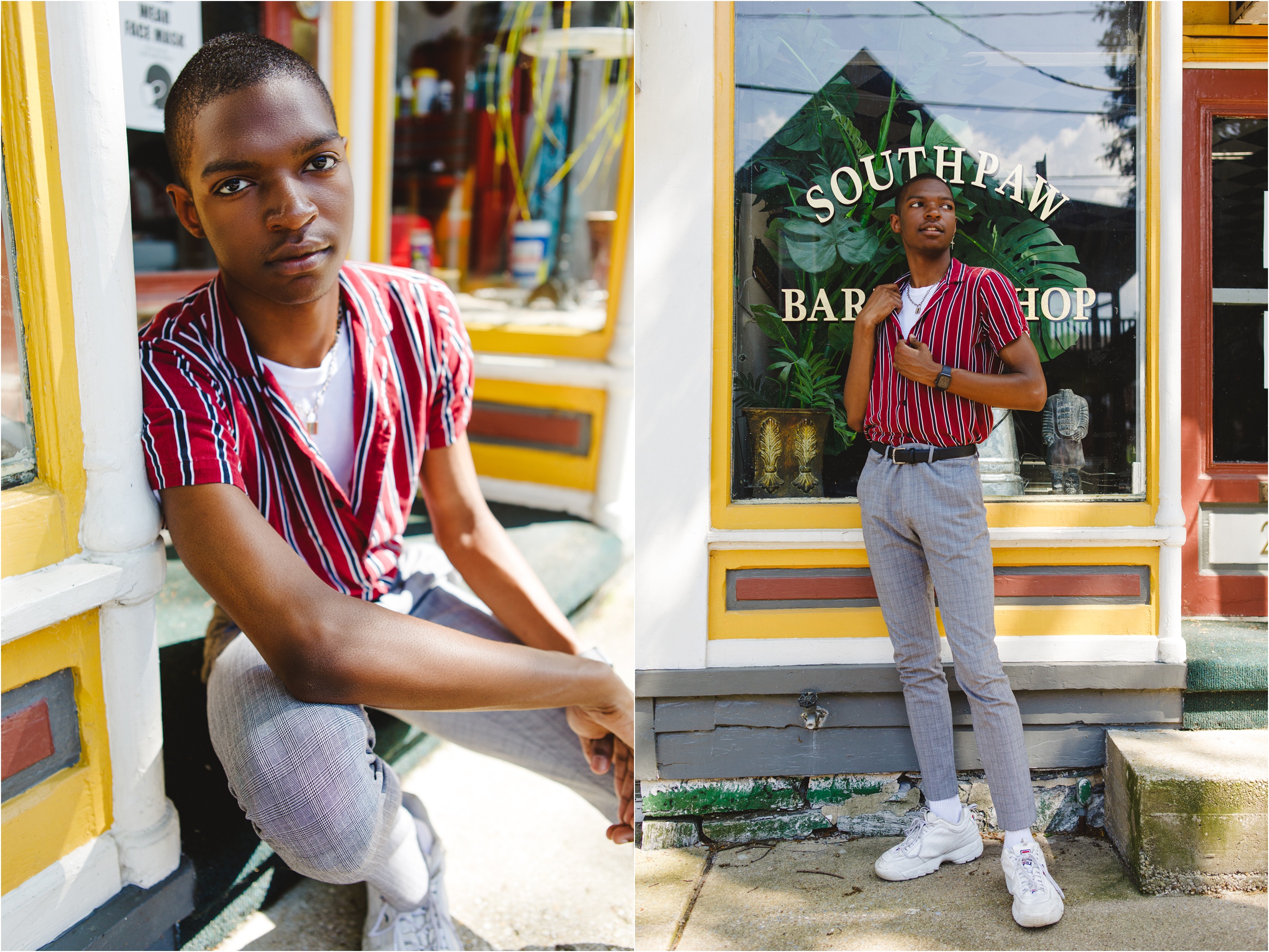 Akiva strikes a pose in front of South Paw Barbershop in Harrisburg, PA for his senior boy photos.