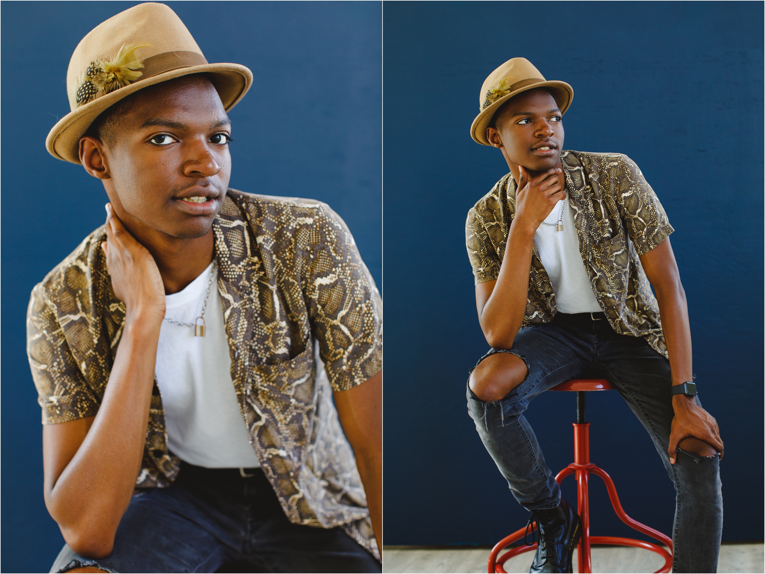 Akiva poses in items from the slice of lime style closet during his photography studio session for his senior boy pictures