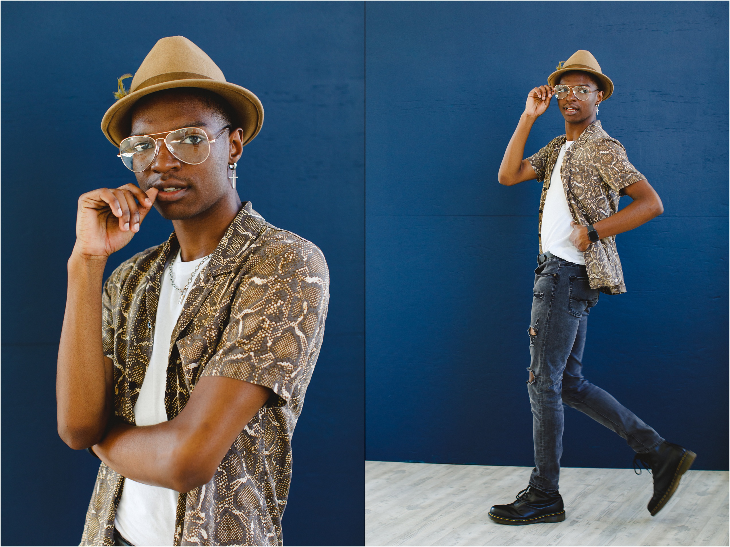 Akiva poses in items from the slice of lime style closet during his photography studio session for his senior boy pictures