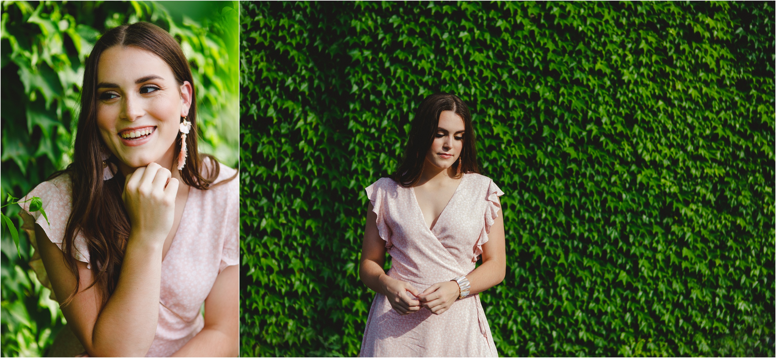 Kendall poses in front of a wall of foliage for her senior photo session in summer in Harrisburg Central PA.
