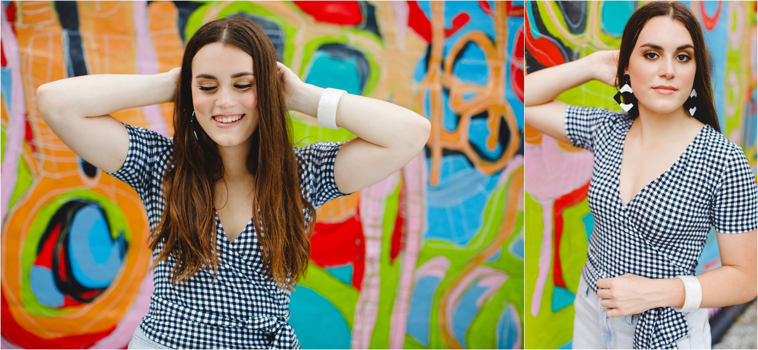 Kendall poses in front of a trendy aesthetic mural for her senior portraits in Harrisburg PA.