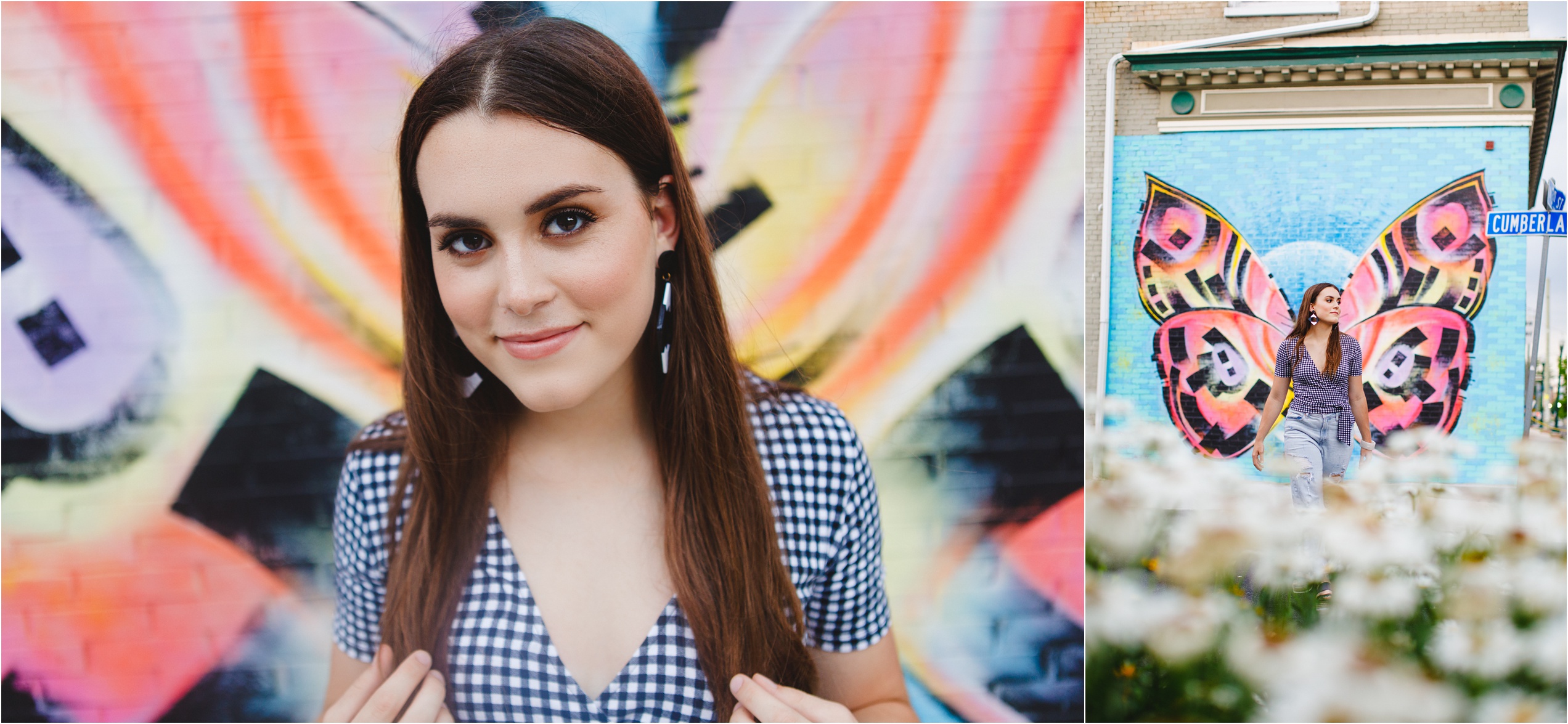 Kendall poses in front of a trendy aesthetic butterfly mural for her senior portraits in Harrisburg PA.