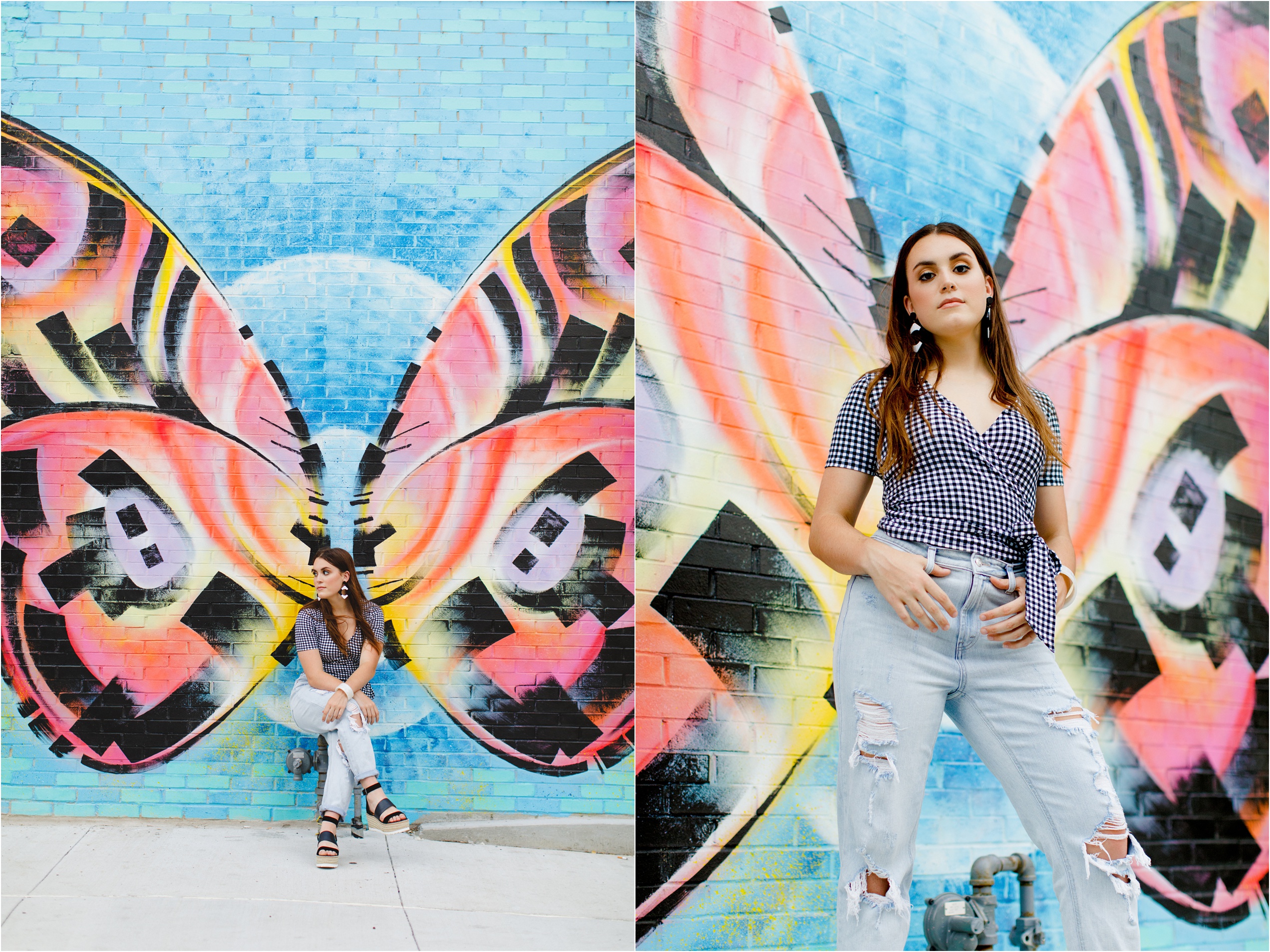 Kendall poses in front of a colorful butterfly mural for her senior portraits in Midtown Harrisburg PA.