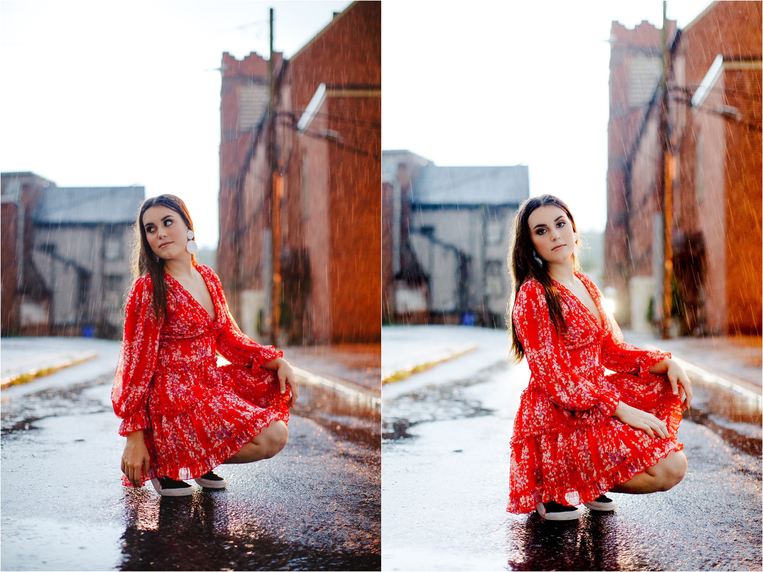 Kendall poses on a rainy street in a bright red trendy mini dress for her senior photos in downtown Harrisburg PA.