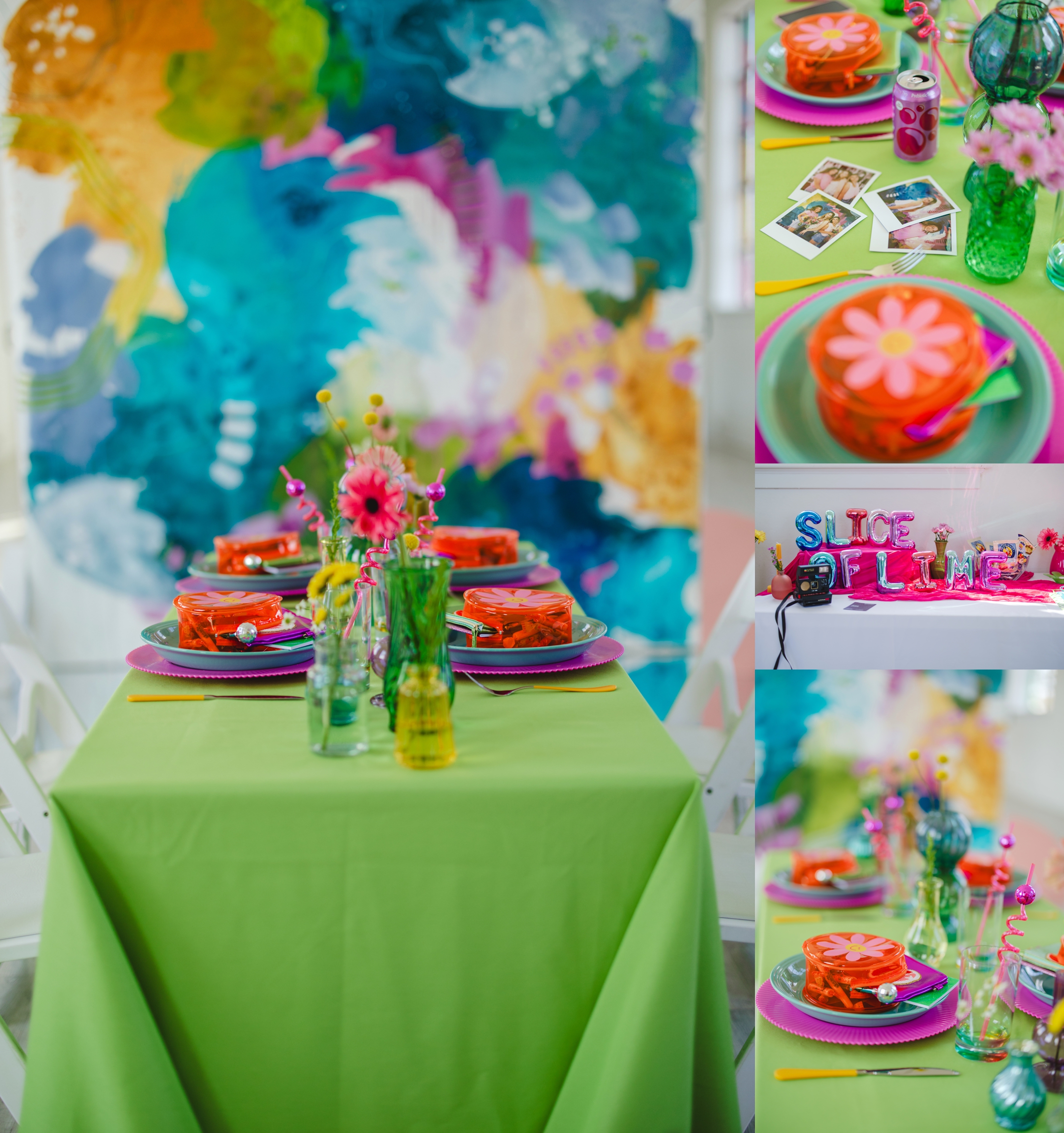 bold bright tablescape for a teen party in natural light studio