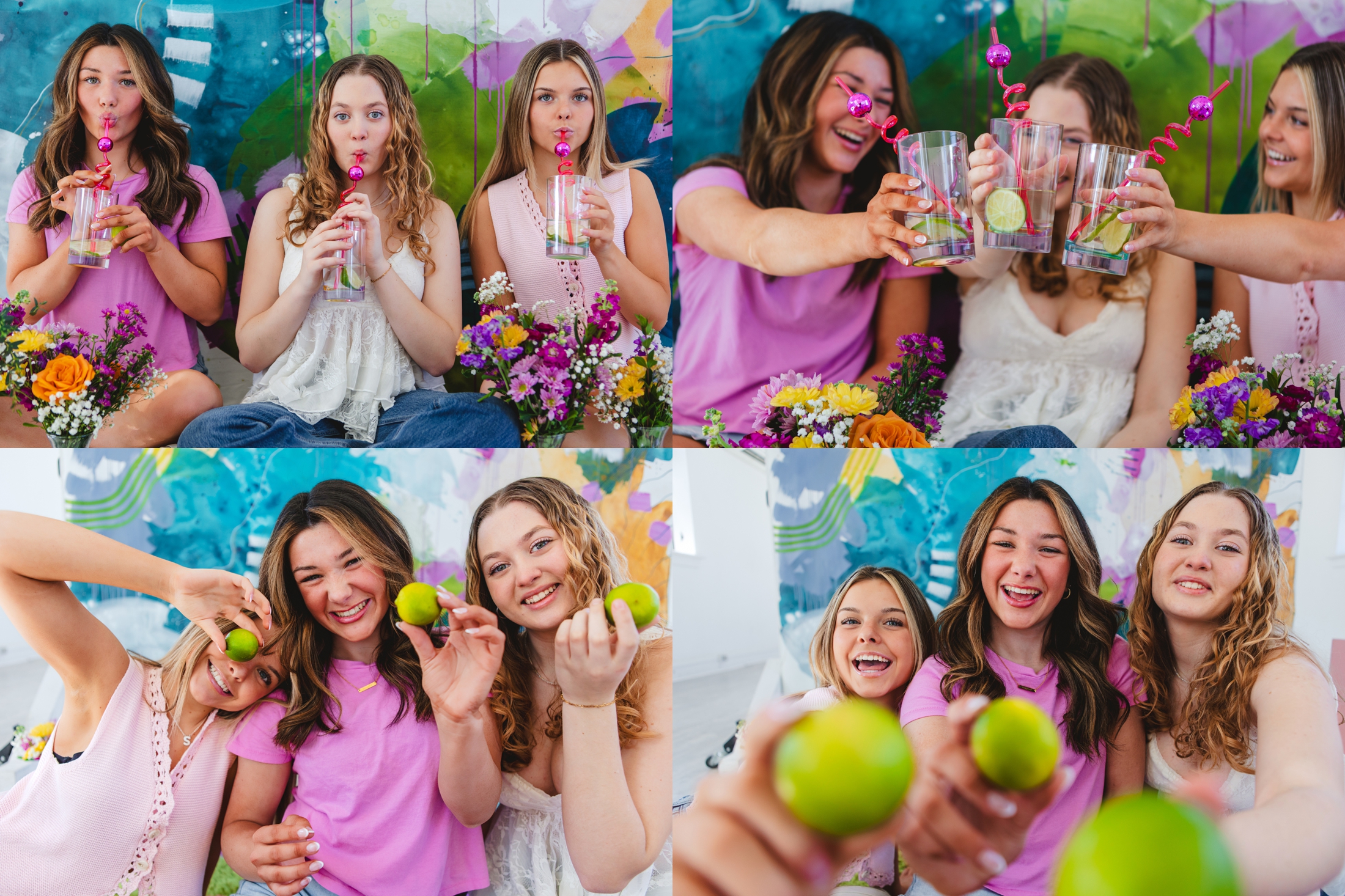 Group of three teen girls, doing Photo Booth style photos with limes and twisty straws with disco balls.