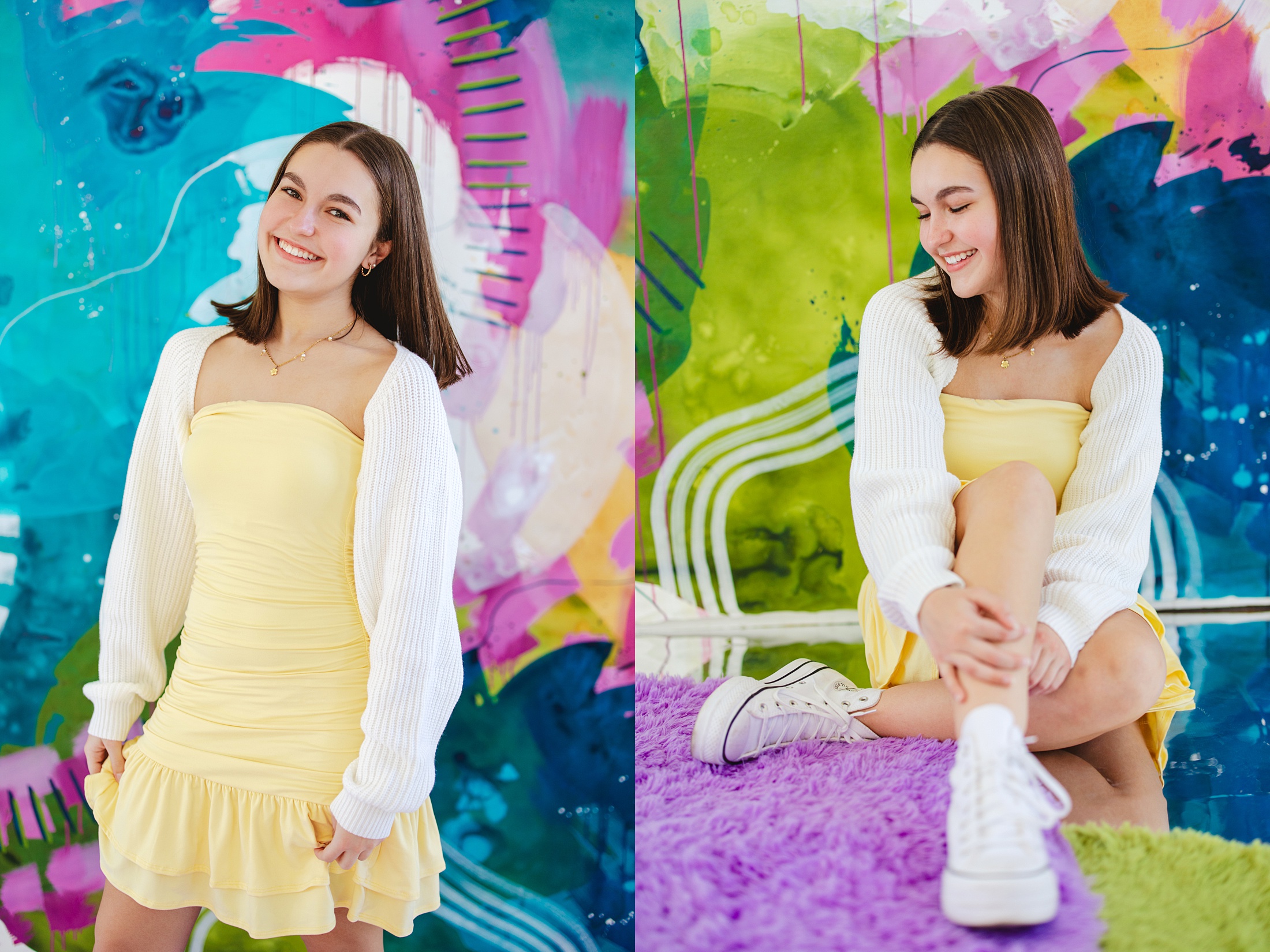 Brunette teenager, posing happily in front of a bold, bright, vibrant canvas wall in studio at Slice of Lime Photography in New Cumberland PA
