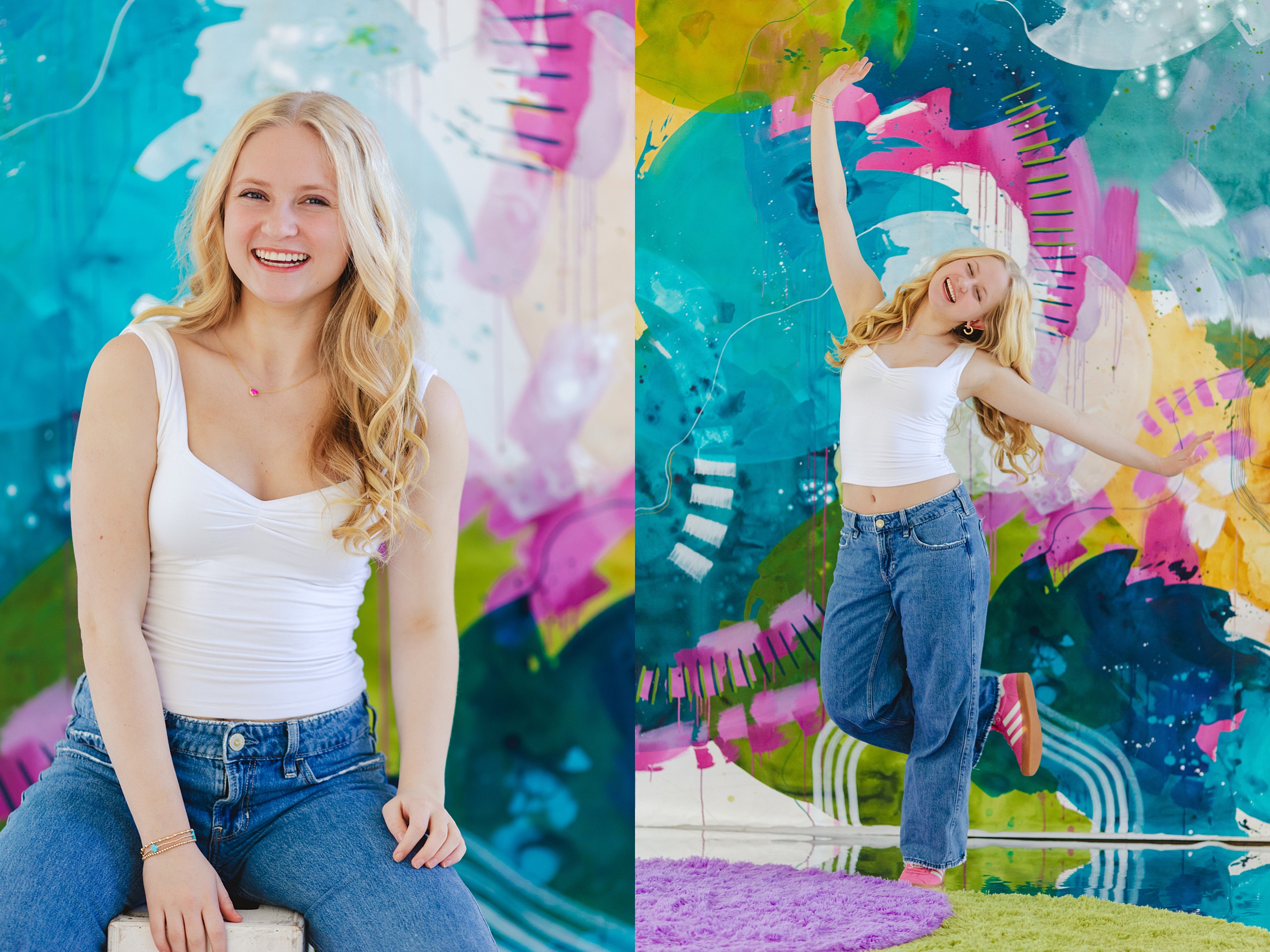 Blonde teenager in white tank top and jeans dancing in front of a vibrant colorful mural in the Slice of Lime Photography studio